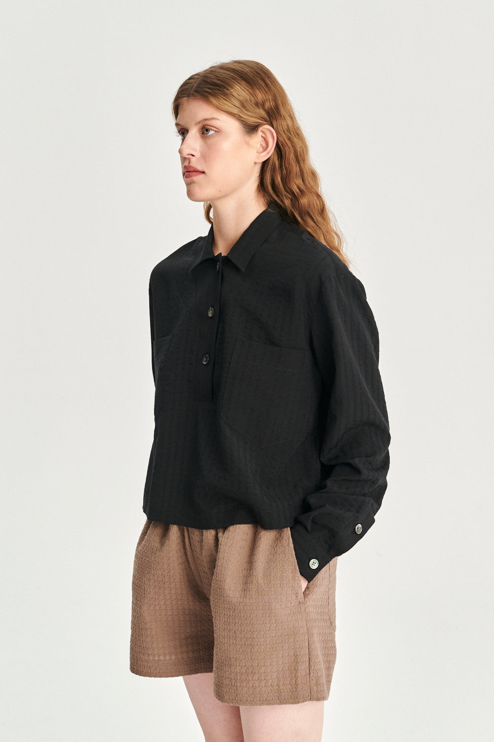 Cropped Pop-Over Top in a Black  Portuguese Tencel Seersucker