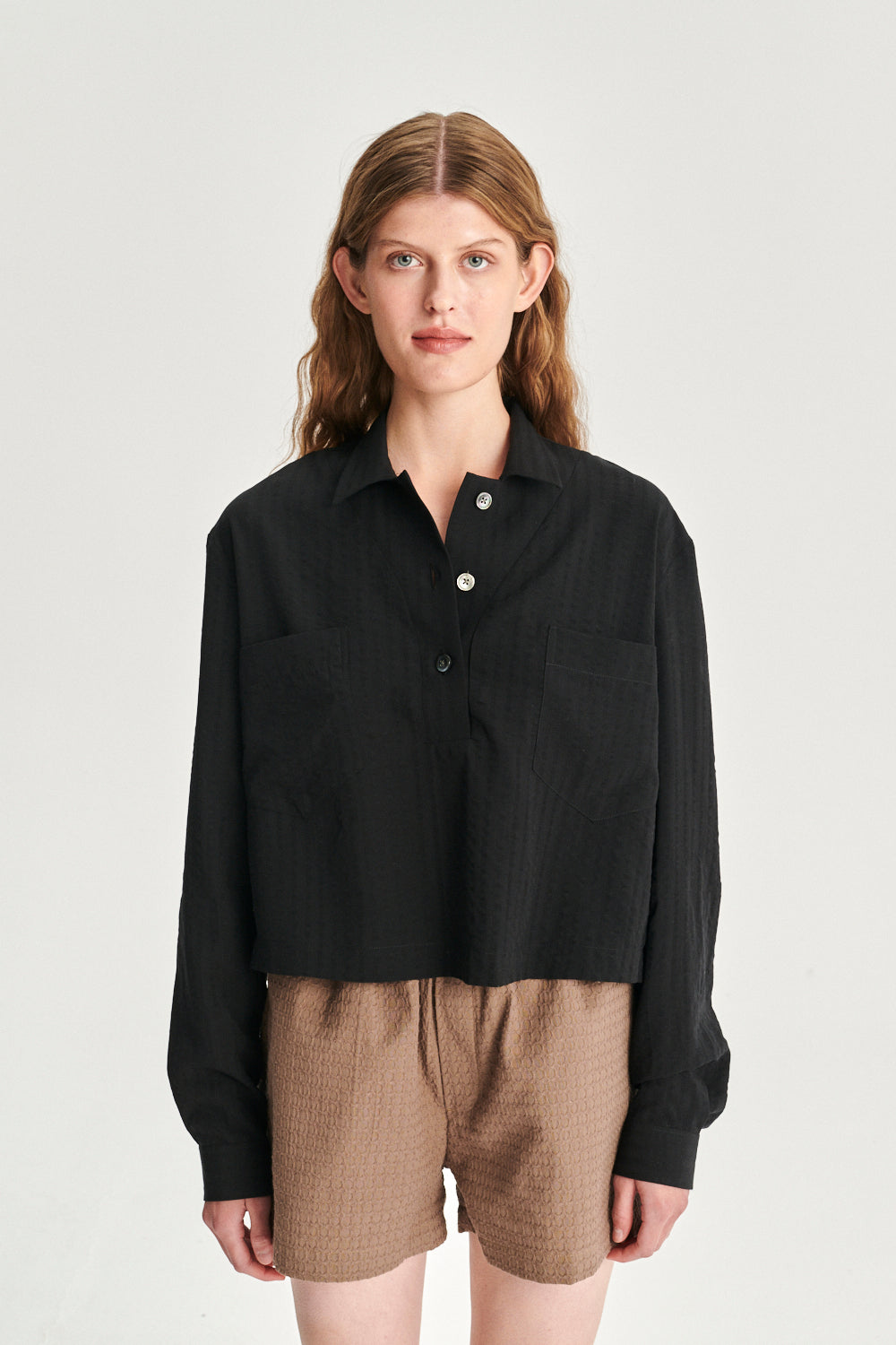 Cropped Pop-Over Top in a Black  Portuguese Tencel Seersucker
