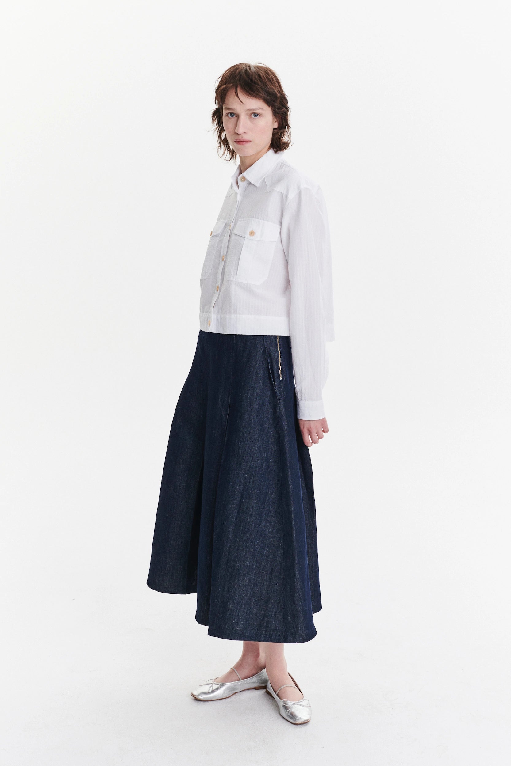 Shirt Jacket in a White Soft Portuguese Cotton and Linen Seersucker