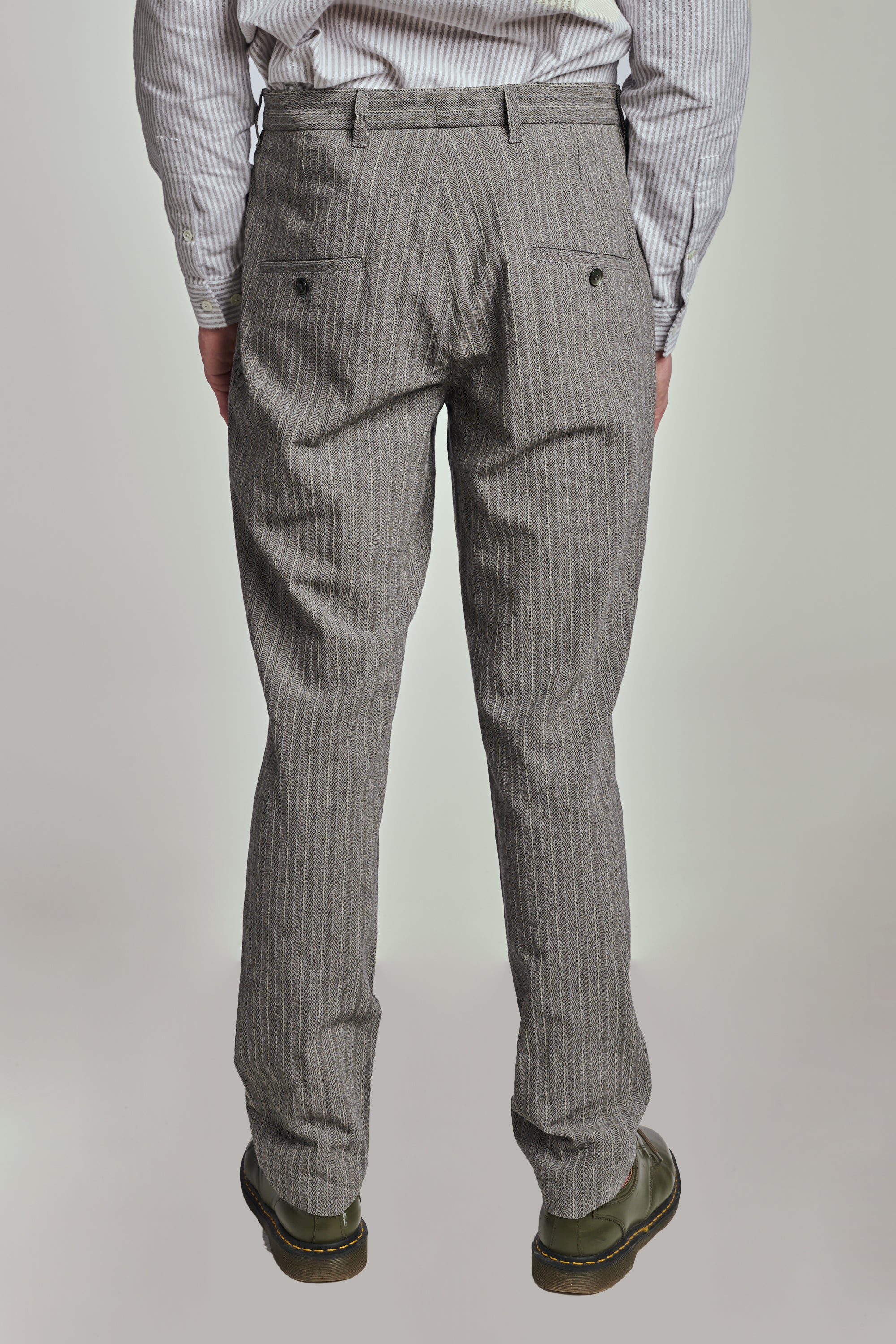Bohemian Trousers in a Grey Herringbone and Subtle Blue Stripe Fine Italian Cotton Crepe