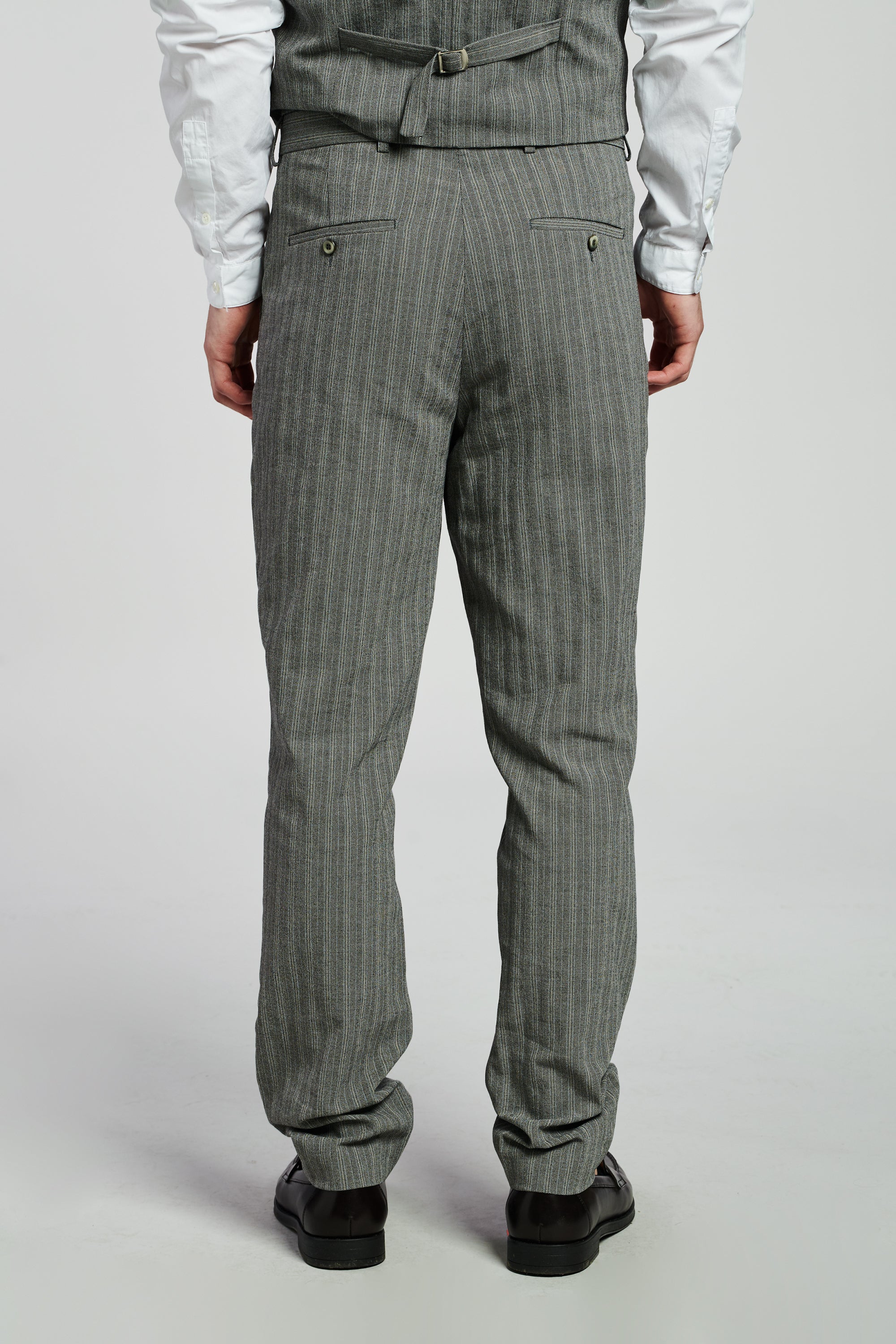 Bohemian Trousers in a Grey Herringbone and Subtle Blue Stripe Fine Italian Cotton Crepe