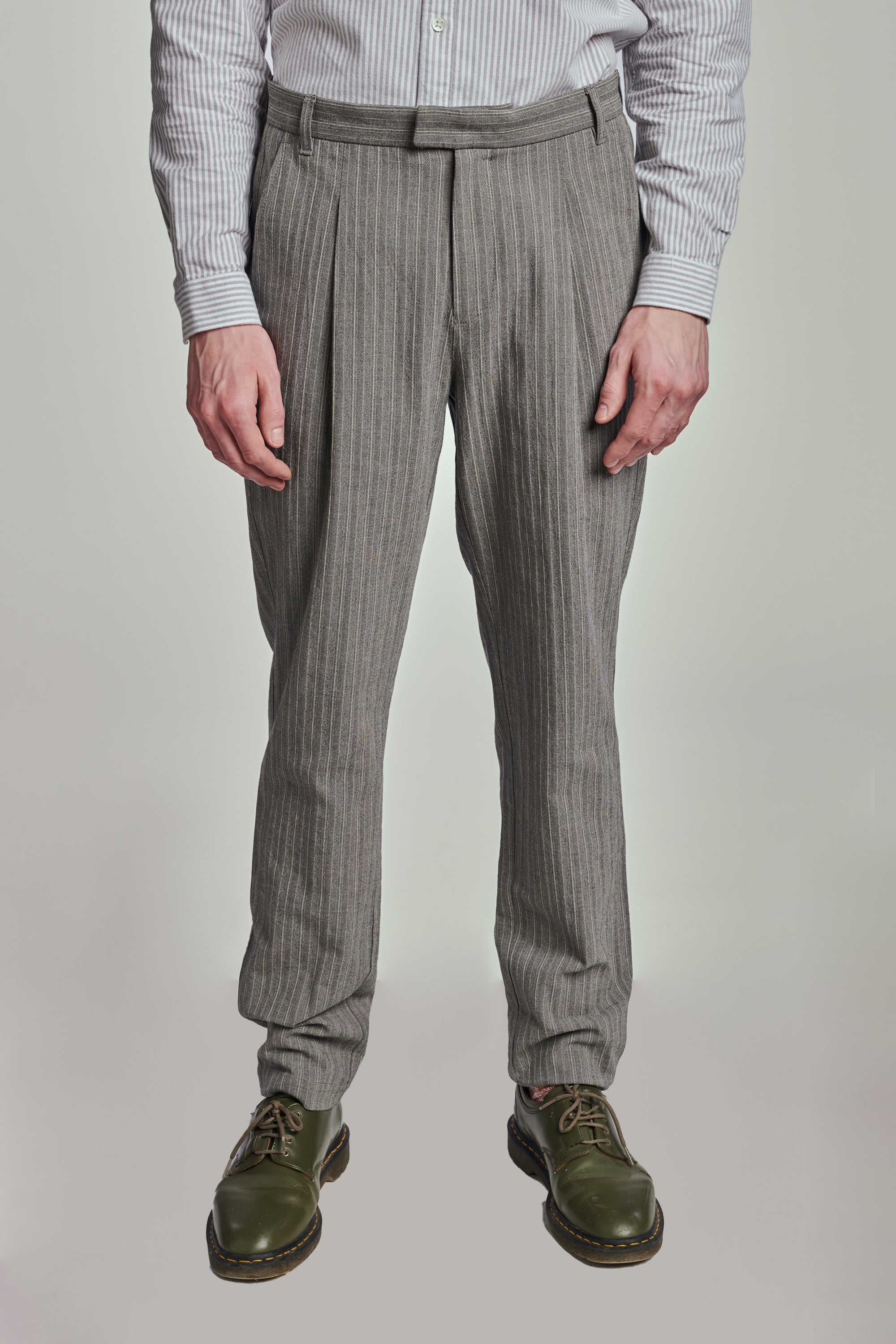 Bohemian Trousers in a Grey Herringbone and Subtle Blue Stripe Fine Italian Cotton Crepe