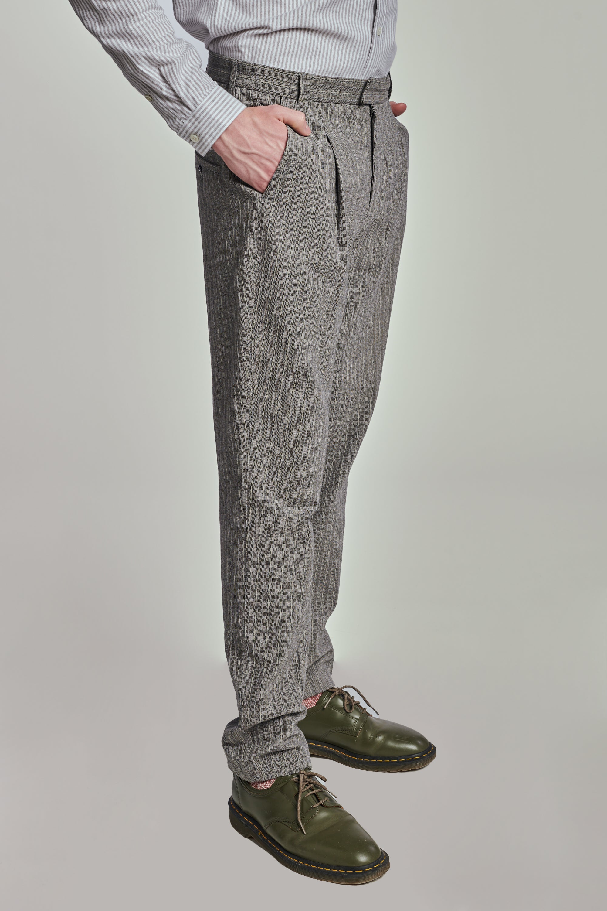 Bohemian Trousers in a Grey Herringbone and Subtle Blue Stripe Fine Italian Cotton Crepe