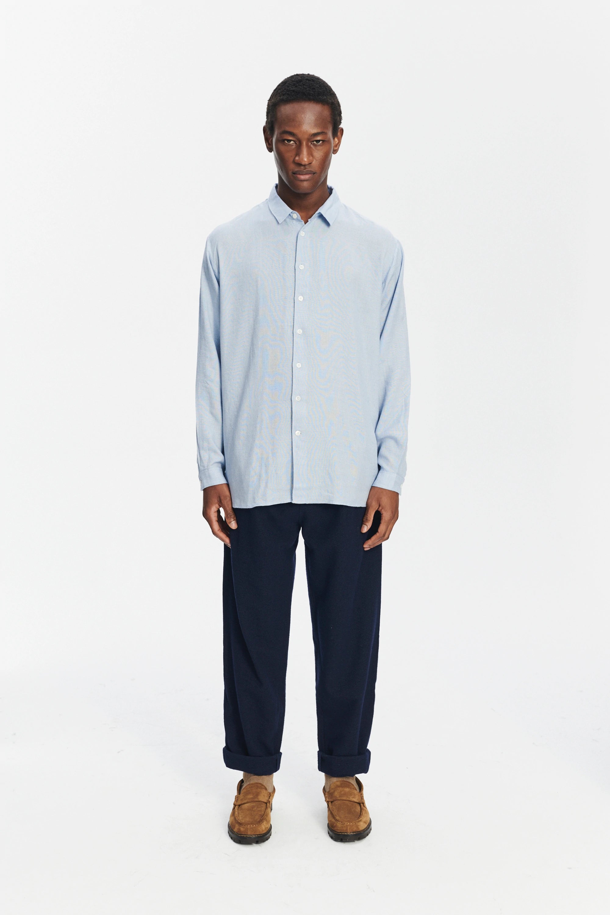 Oversized Boxy Shirt in a Sky Blue Airy Portuguese Modal and Merino Wool Blend