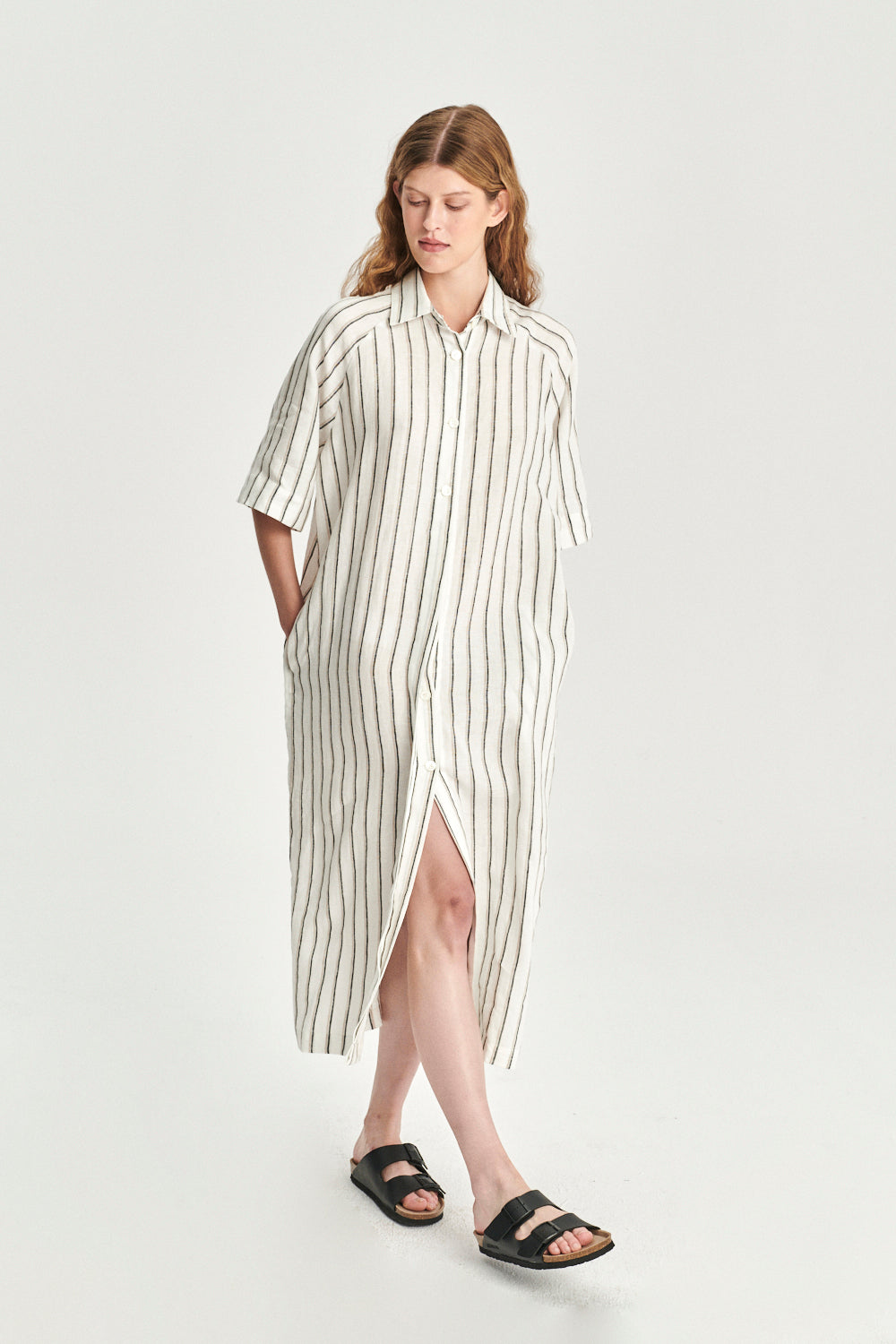 Dress in a  in a Fine White Black and Beige Airy Double Striped Bohemian Linen