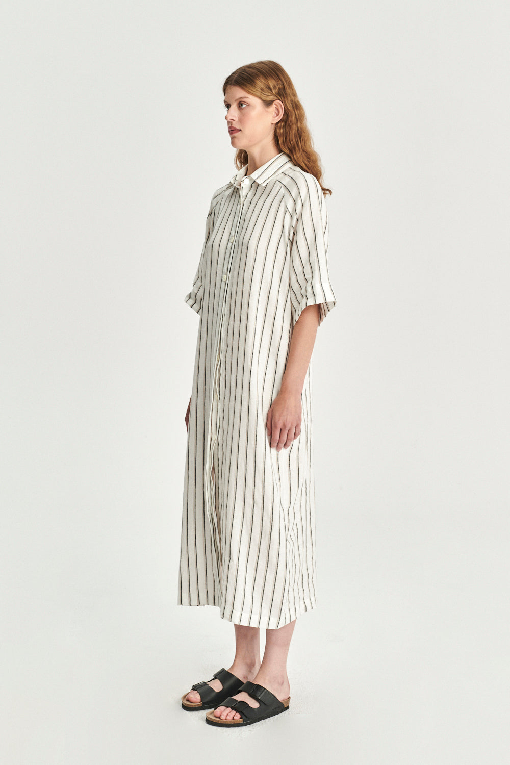 Dress in a  in a Fine White Black and Beige Airy Double Striped Bohemian Linen