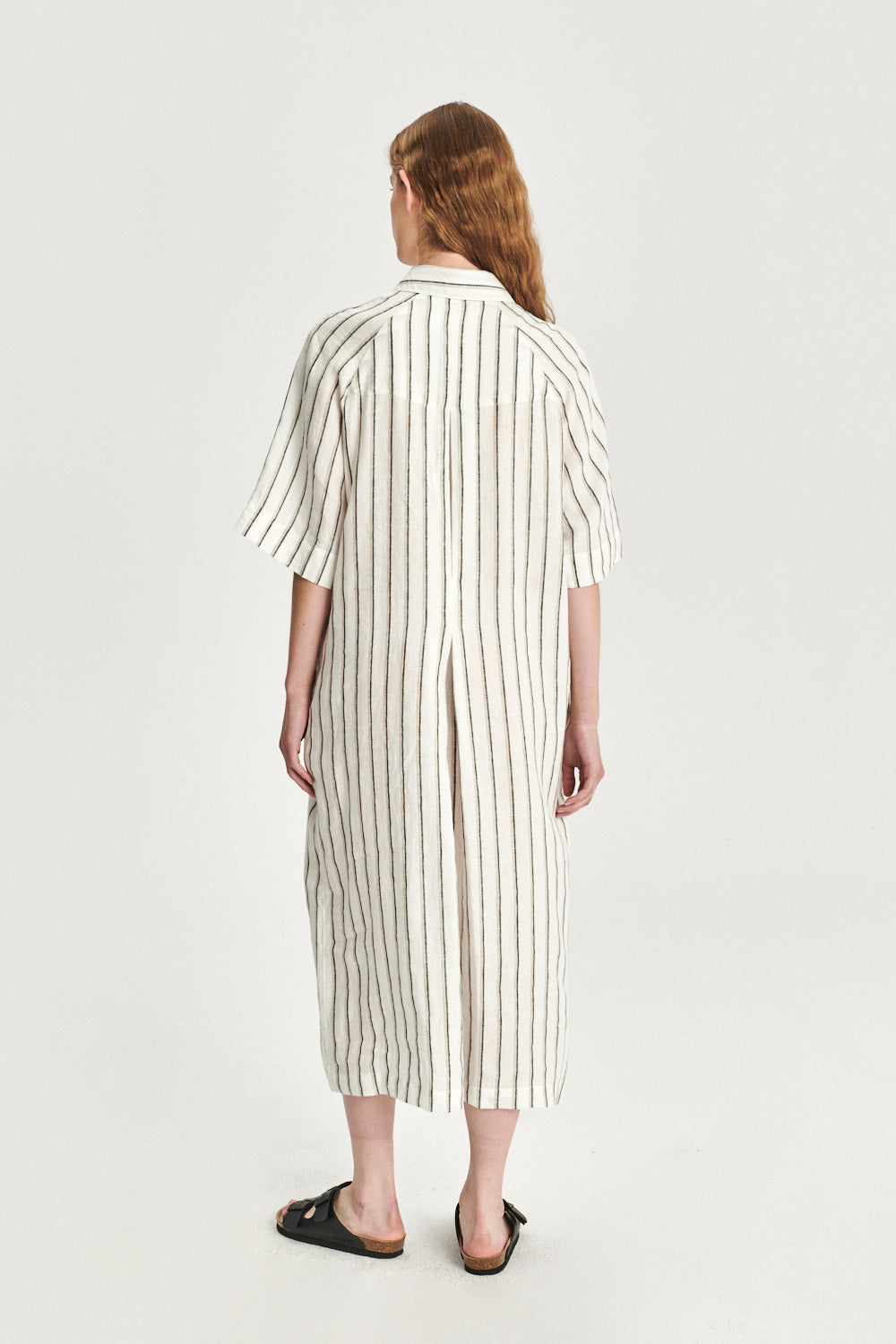 Dress in a  in a Fine White Black and Beige Airy Double Striped Bohemian Linen