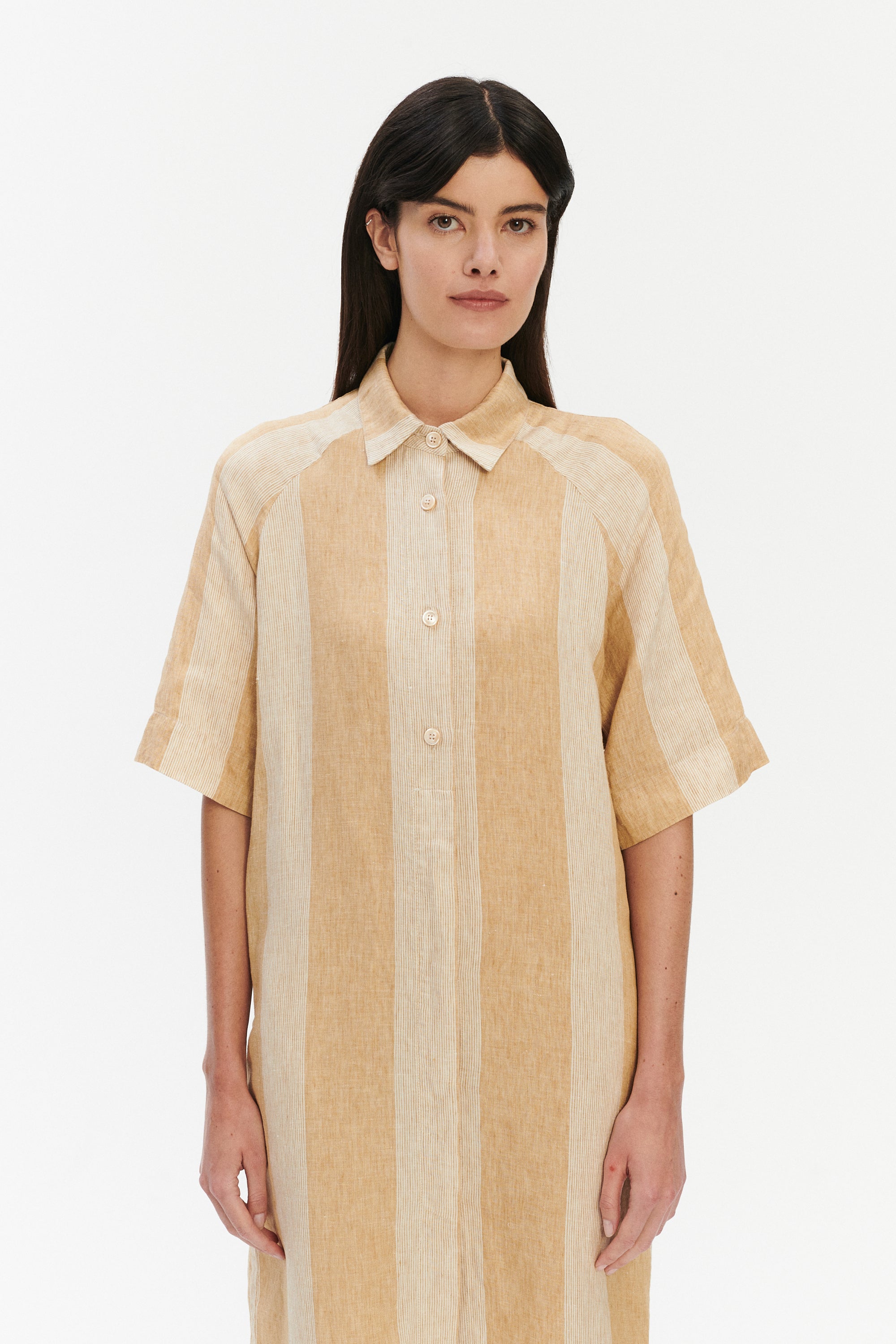 Italian Linen Shirt Dress – White & Soft Beige Stripe