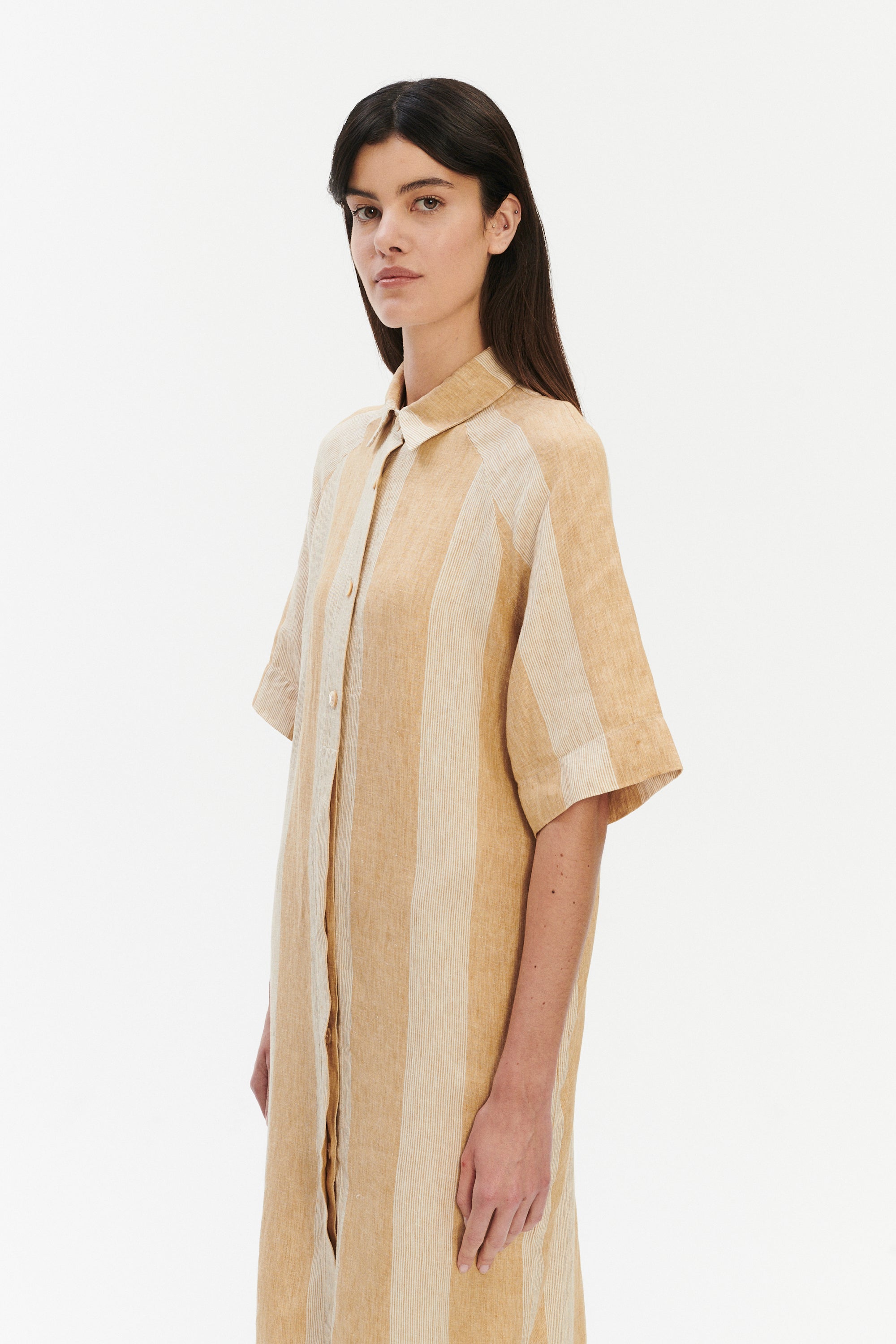 Italian Linen Shirt Dress – White & Soft Beige Stripe