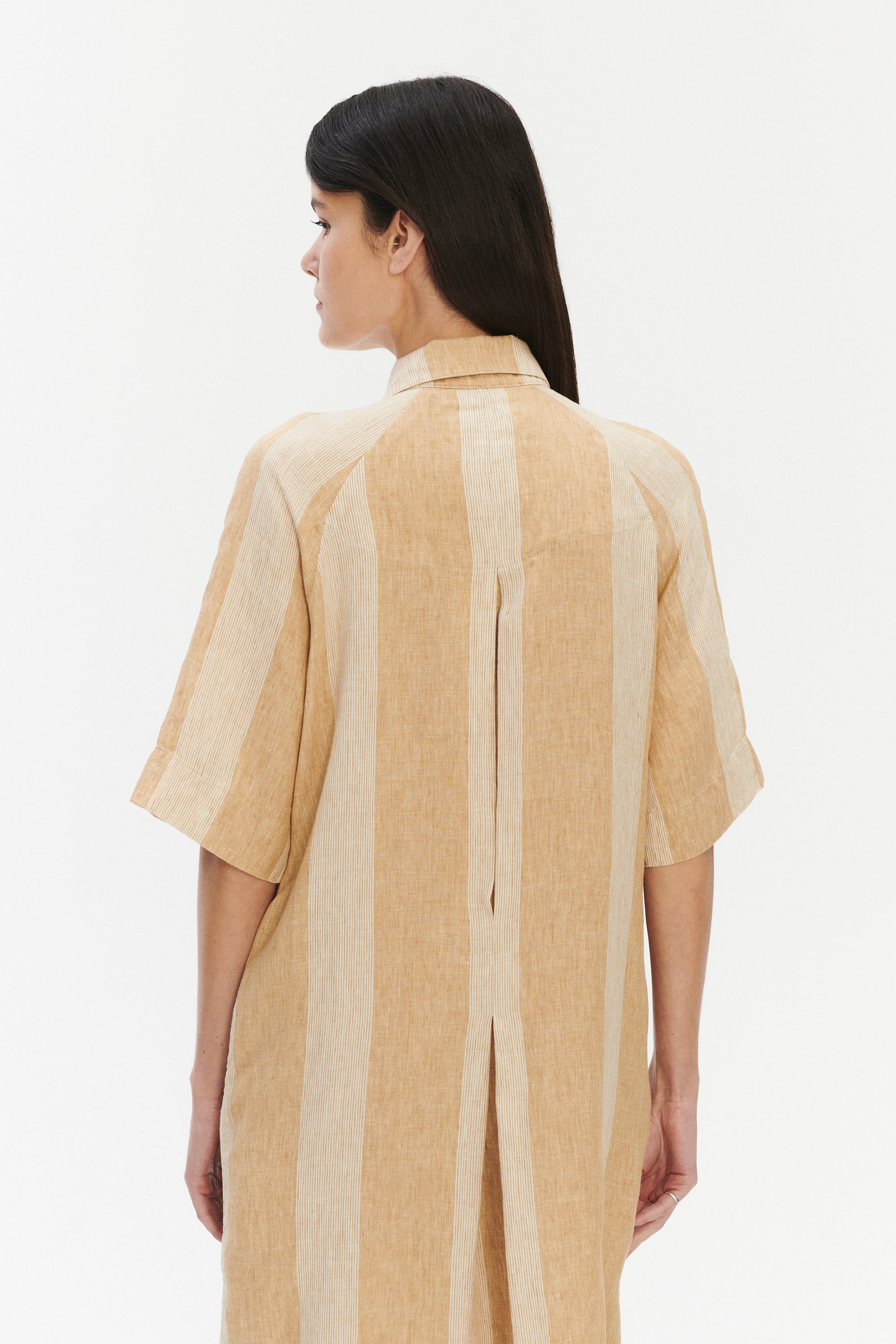 Italian Linen Shirt Dress – White & Soft Beige Stripe