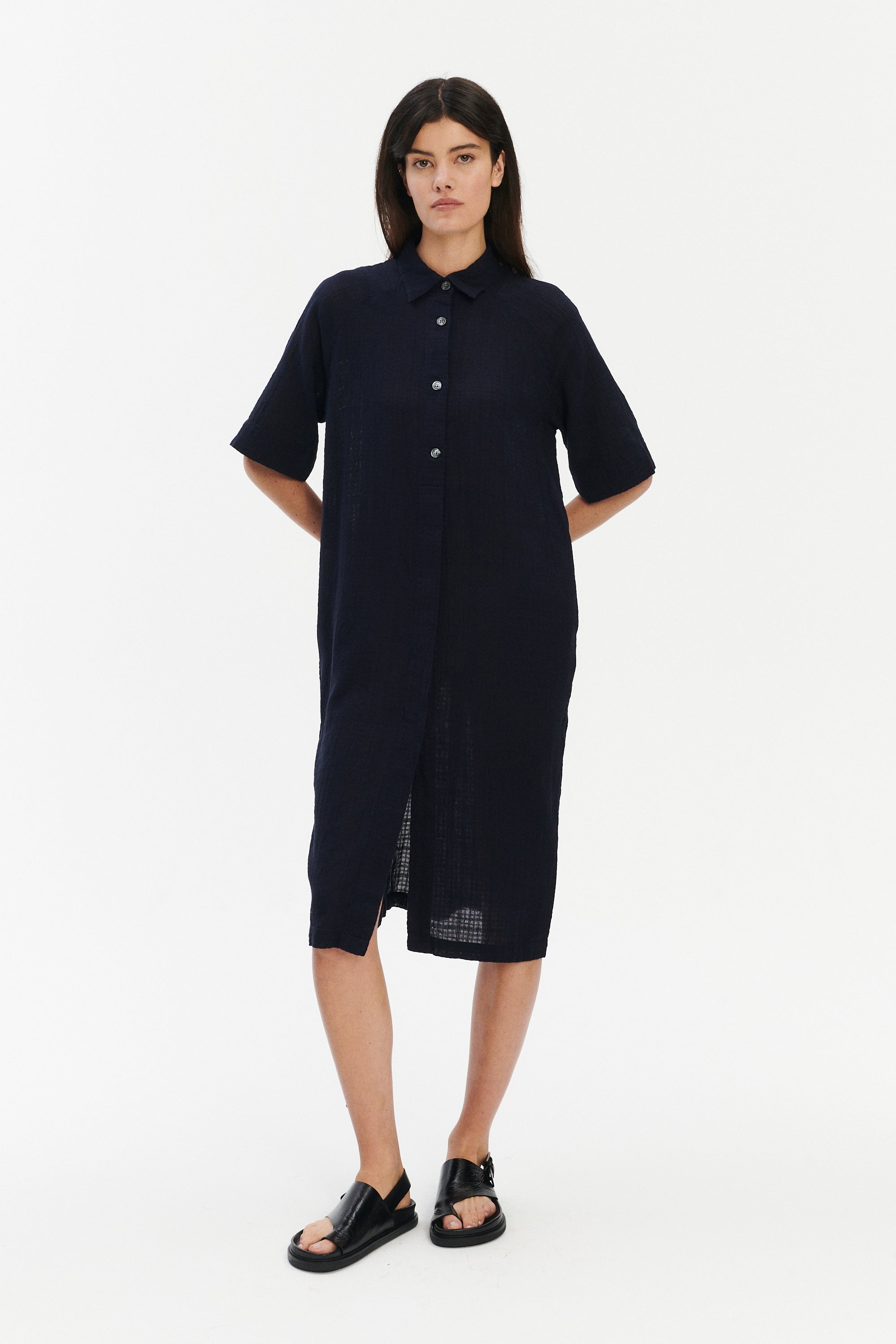 Dress in a Dark Navy Airy Structural Portuguese Cotton