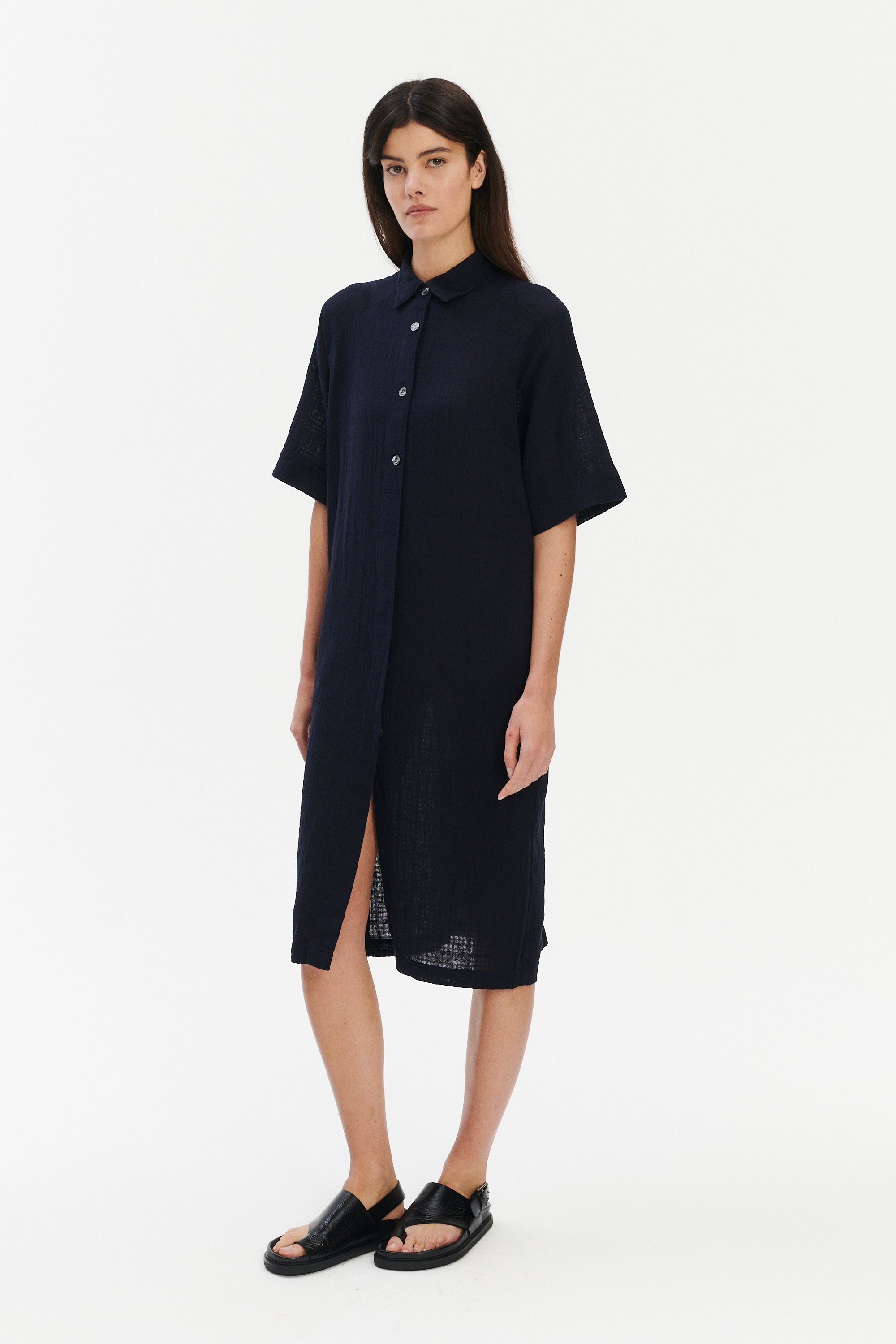 Dress in a Dark Navy Airy Structural Portuguese Cotton