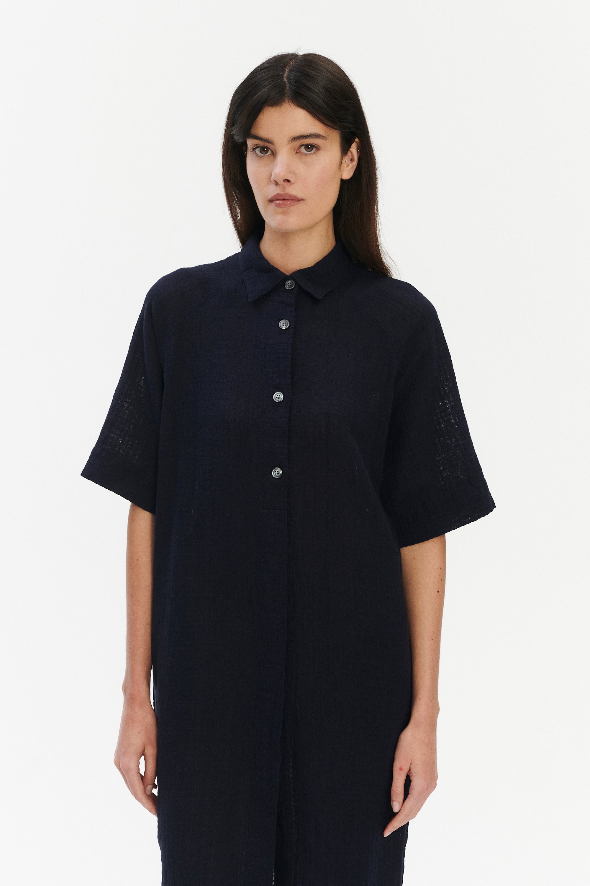 Dress in a Dark Navy Airy Structural Portuguese Cotton