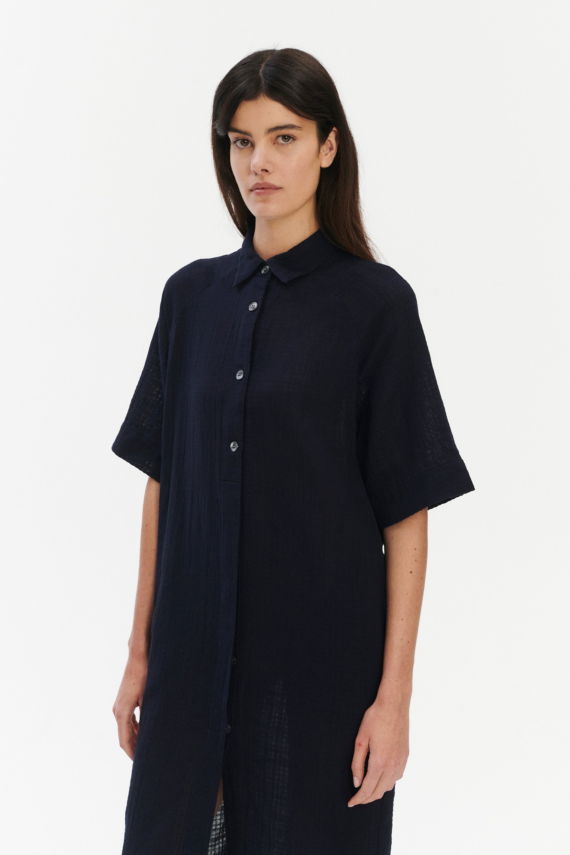 Dress in a Dark Navy Airy Structural Portuguese Cotton