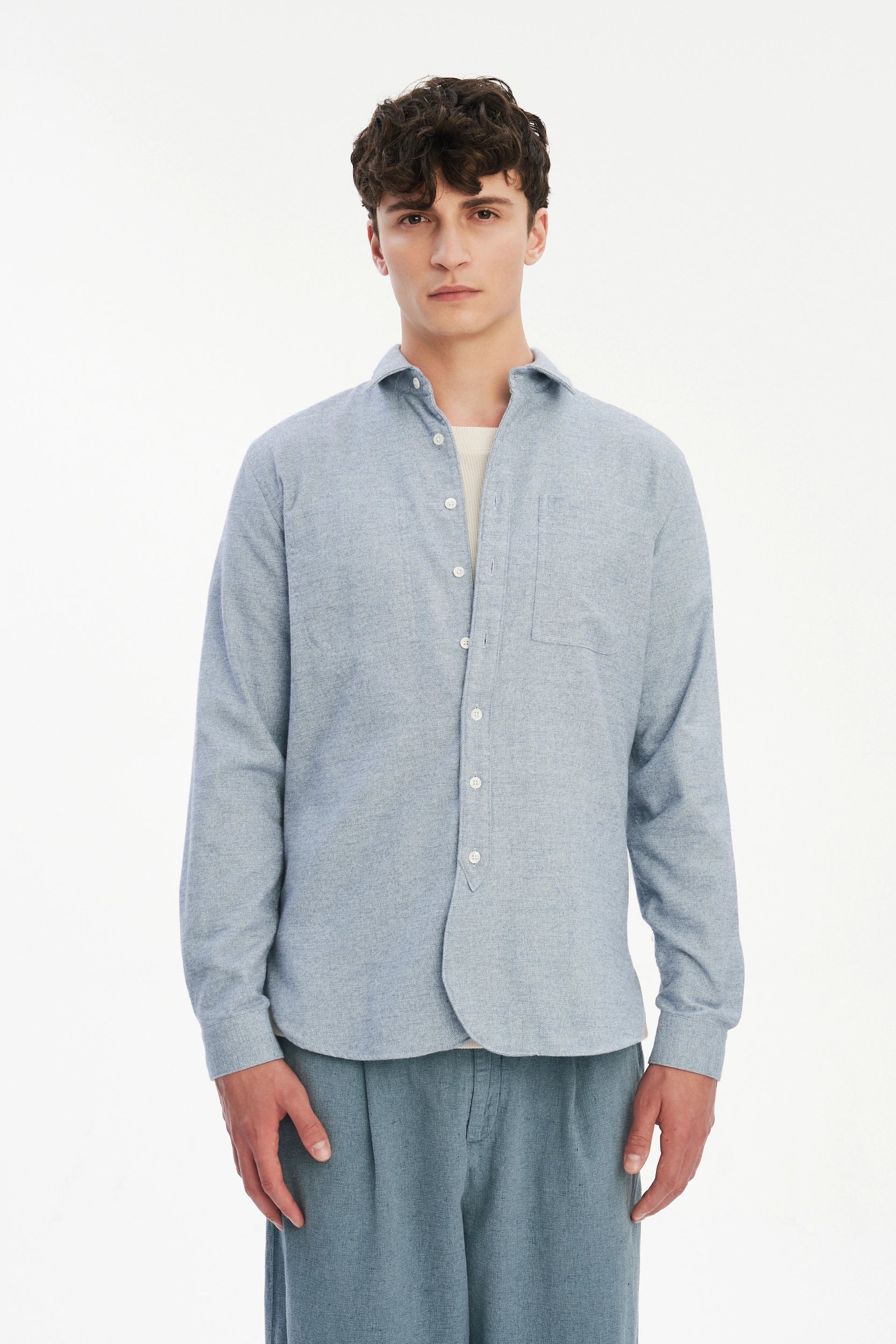 Farmer Shirt in a Fine Portuguese Brushed Blue Flannel