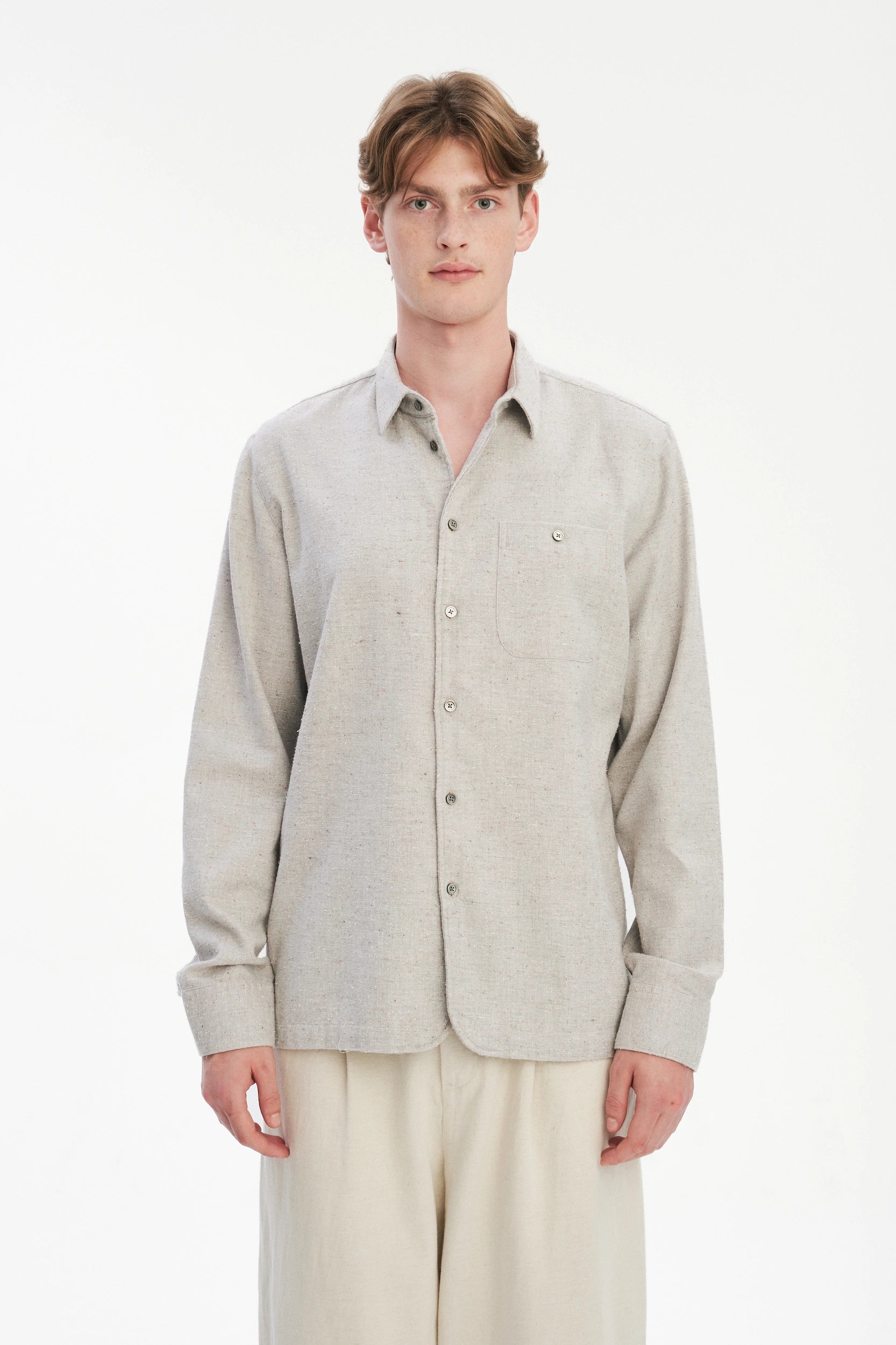 Strong Shirt in a Beige Grey Structural Italian Cotton, Silk and Wool Tweed