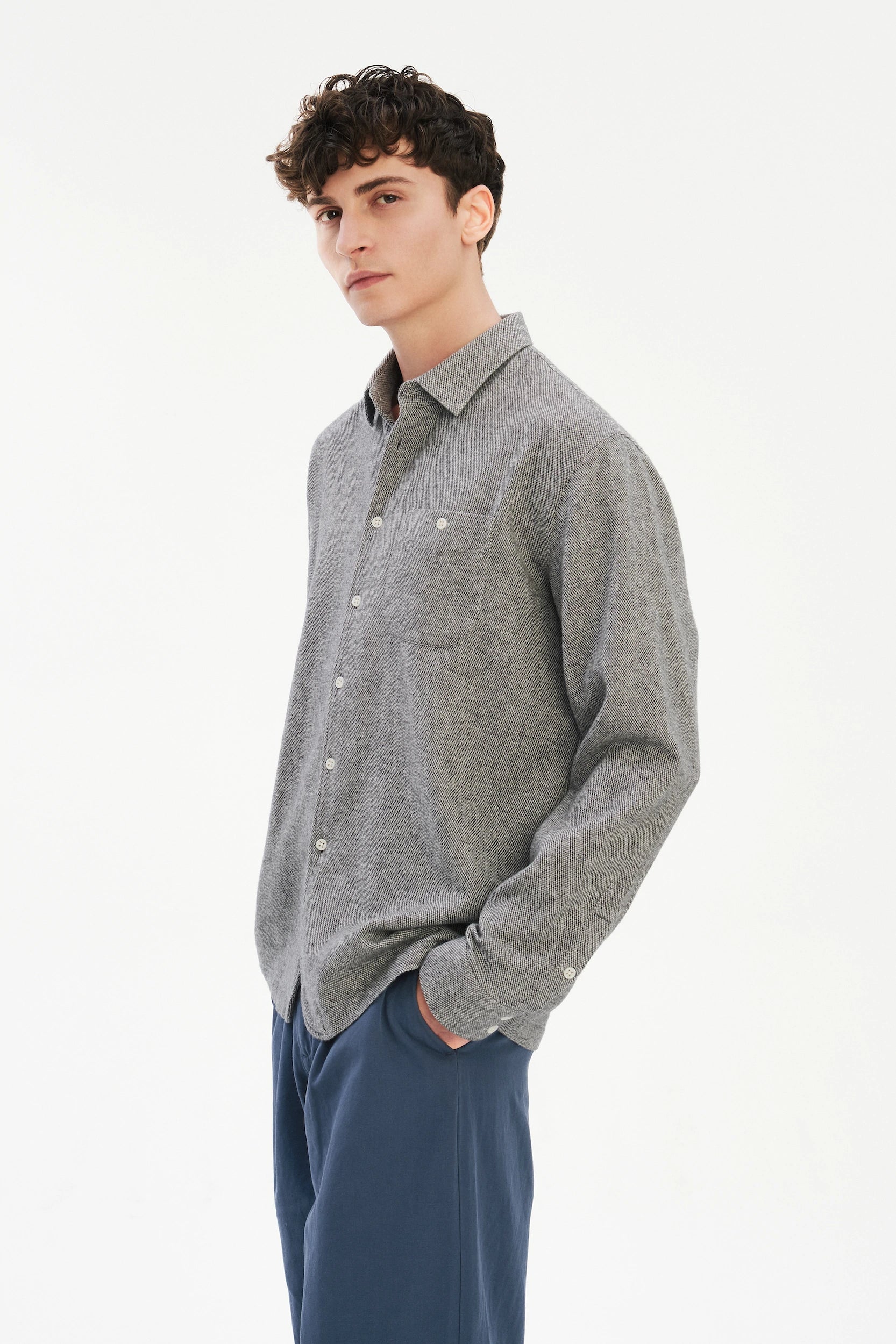 Strong Shirt in a Grey Recycled Structural Italian Cotton Flannel with Signature Hemp Buttons