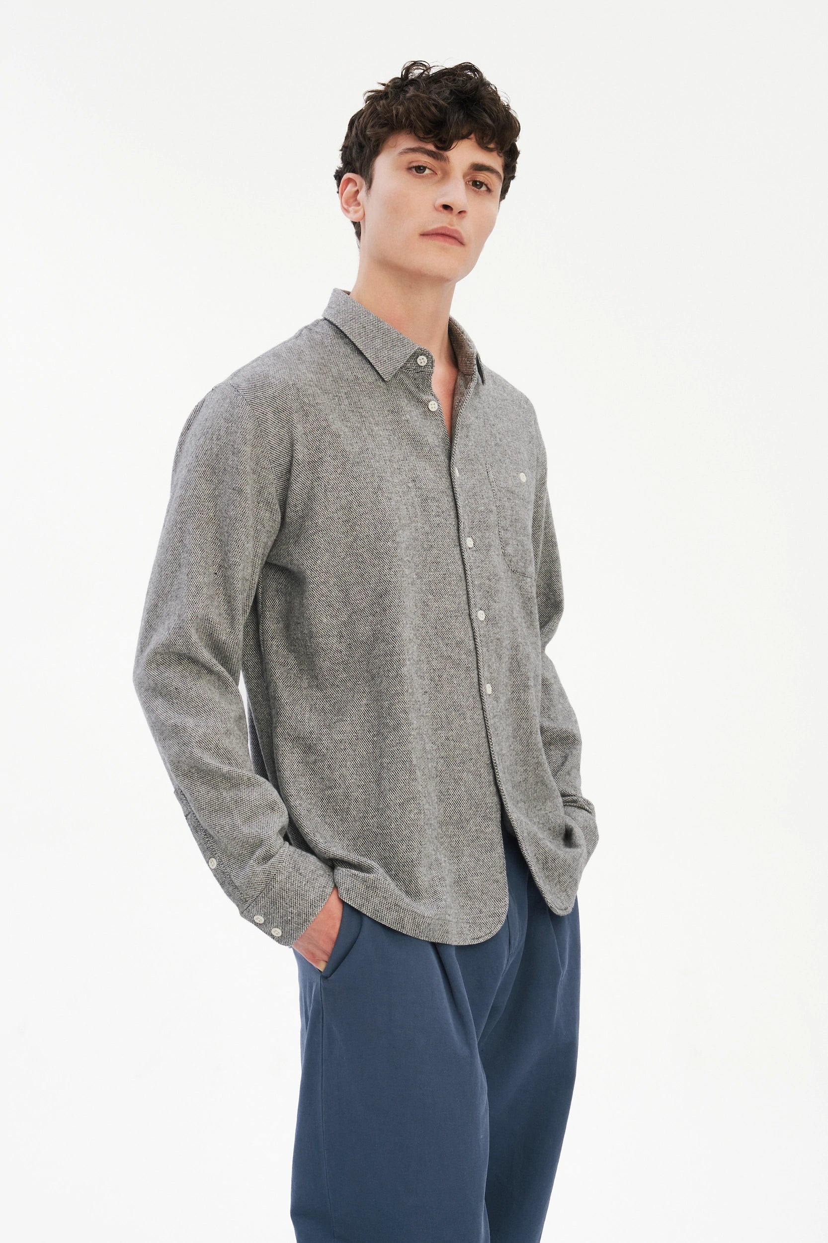 Strong Shirt in a Grey Recycled Structural Italian Cotton Flannel with Signature Hemp Buttons