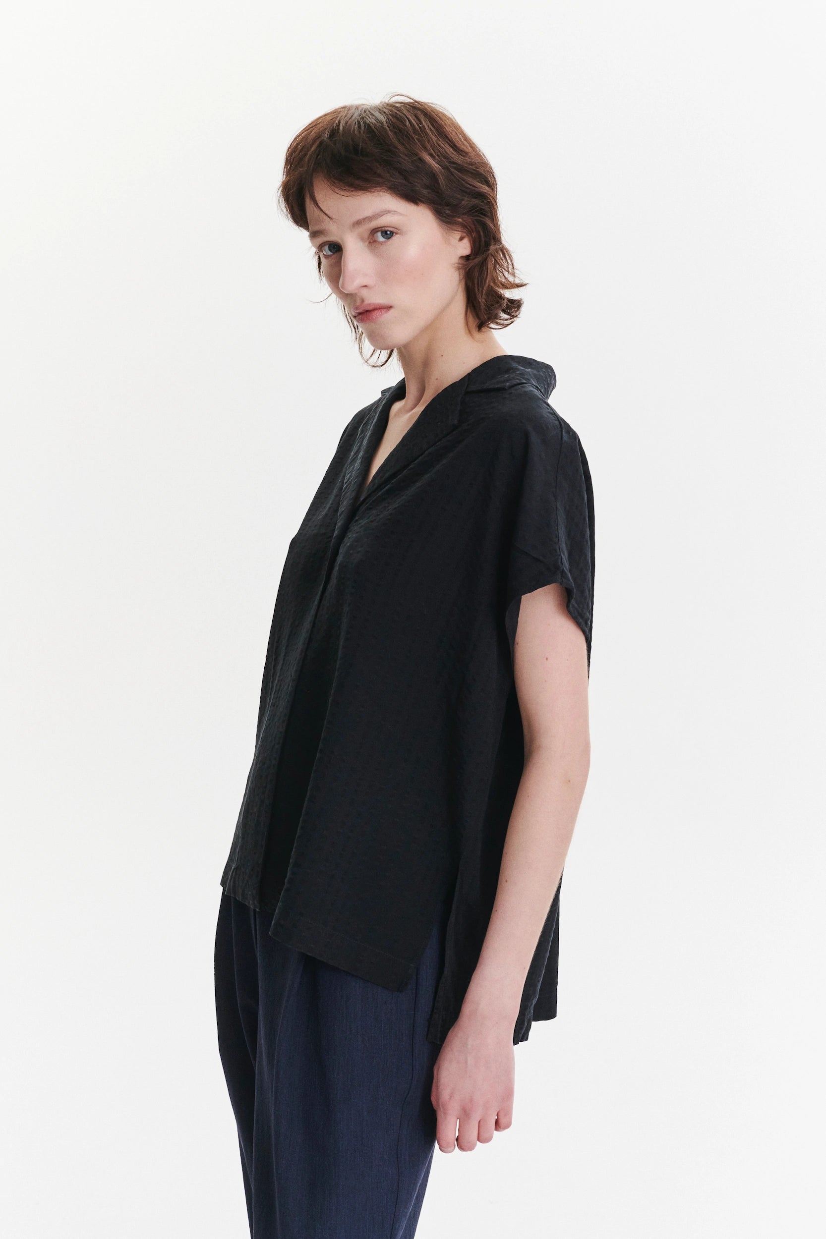Top in a Structured Black Fine Portuguese Lyocell