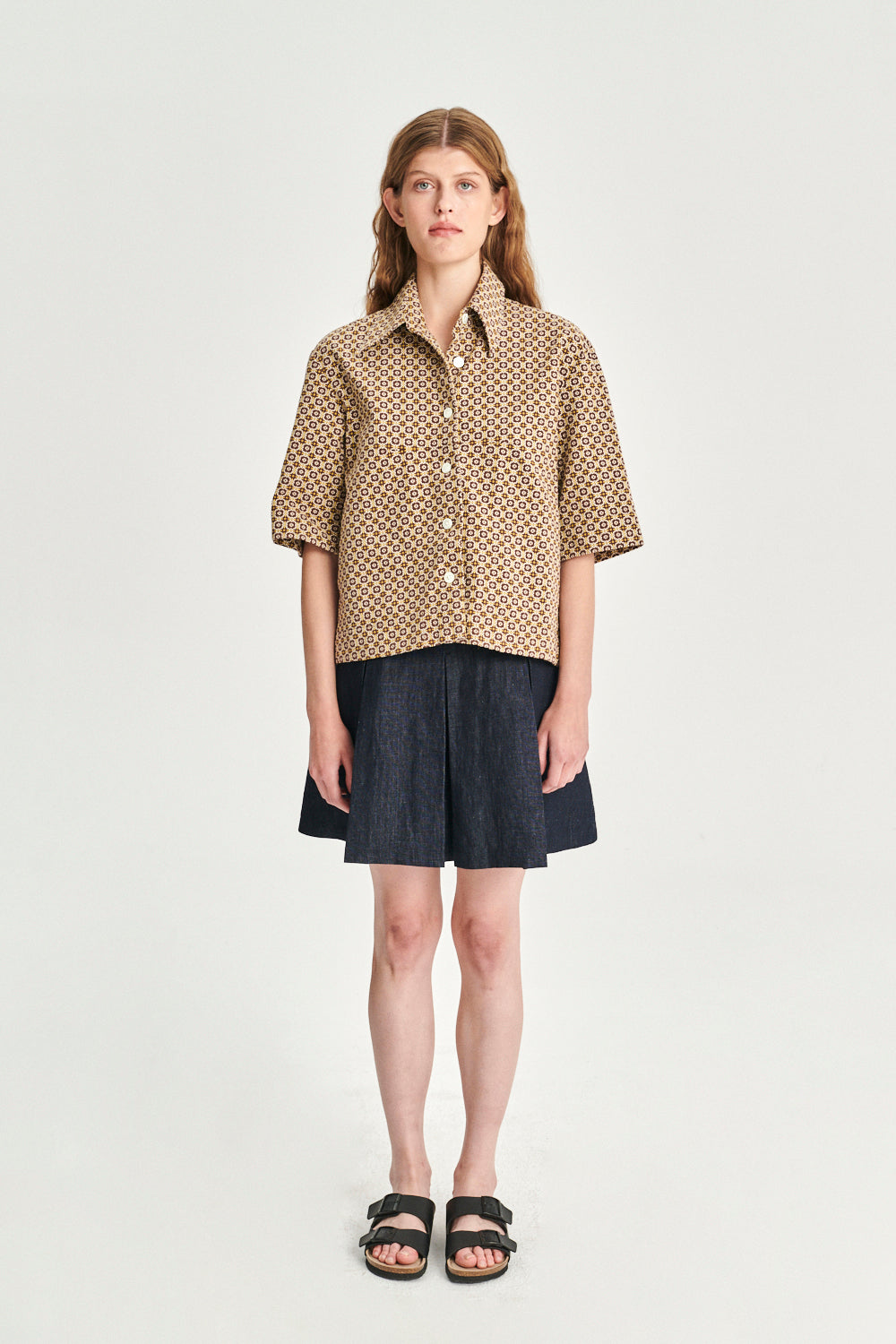 Relaxed Shirt Jacket in a Brown and Yellow Jacquard Woven Portuguese Cotton