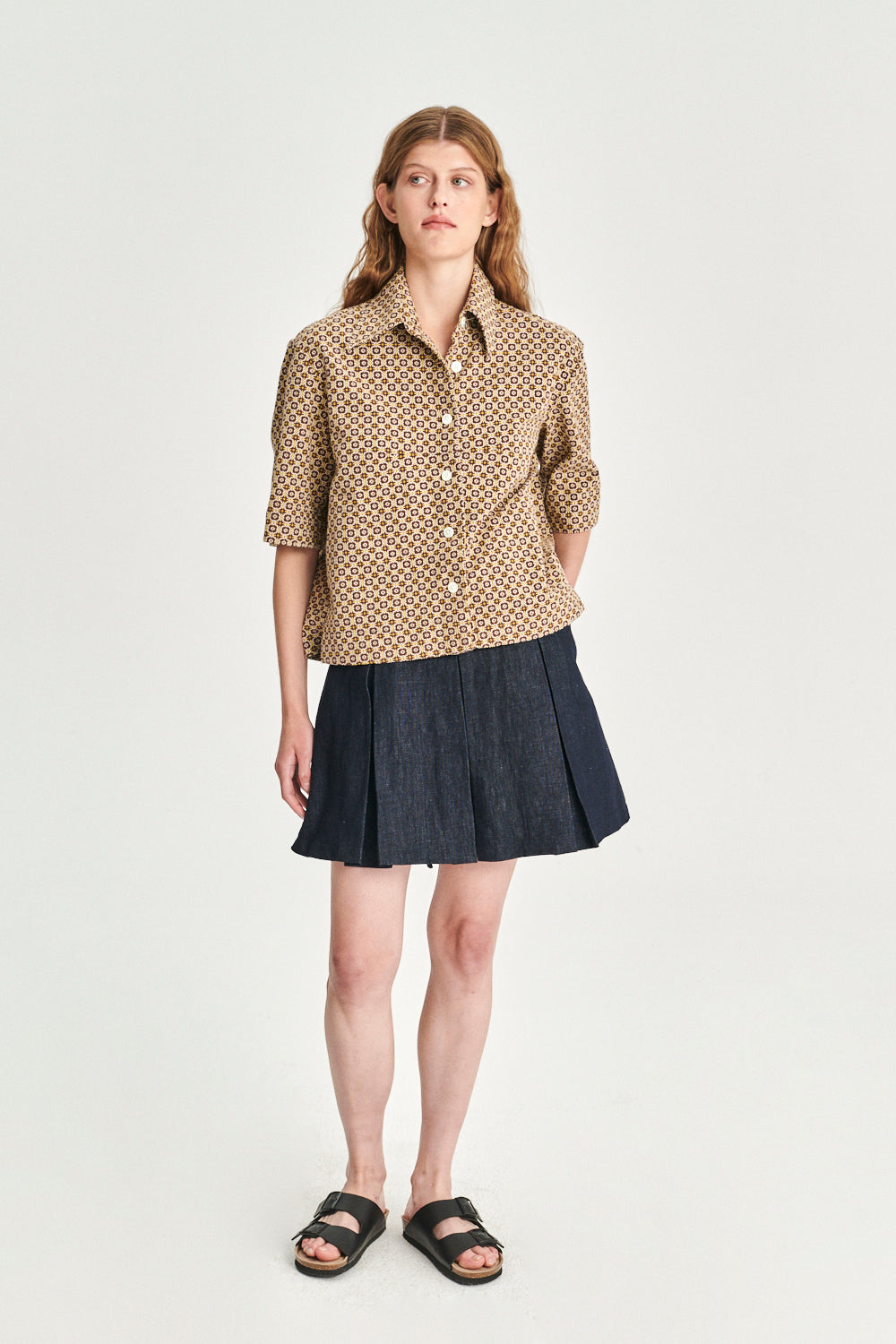 Relaxed Shirt Jacket in a Brown and Yellow Jacquard Woven Portuguese Cotton