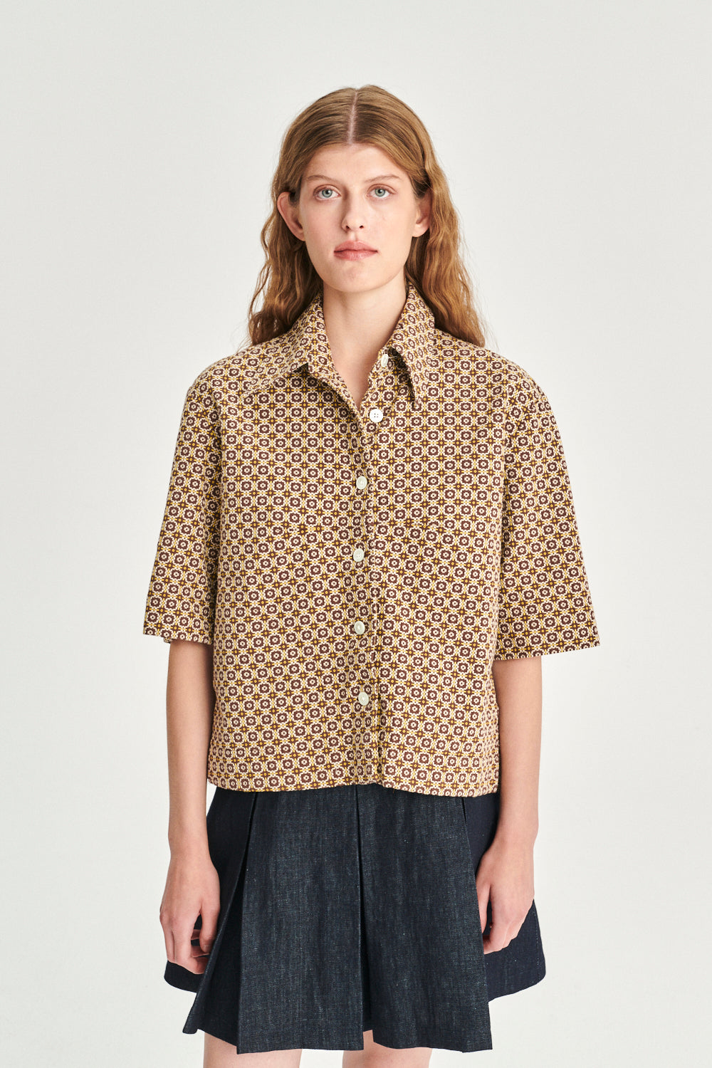 Relaxed Shirt Jacket in a Brown and Yellow Jacquard Woven Portuguese Cotton