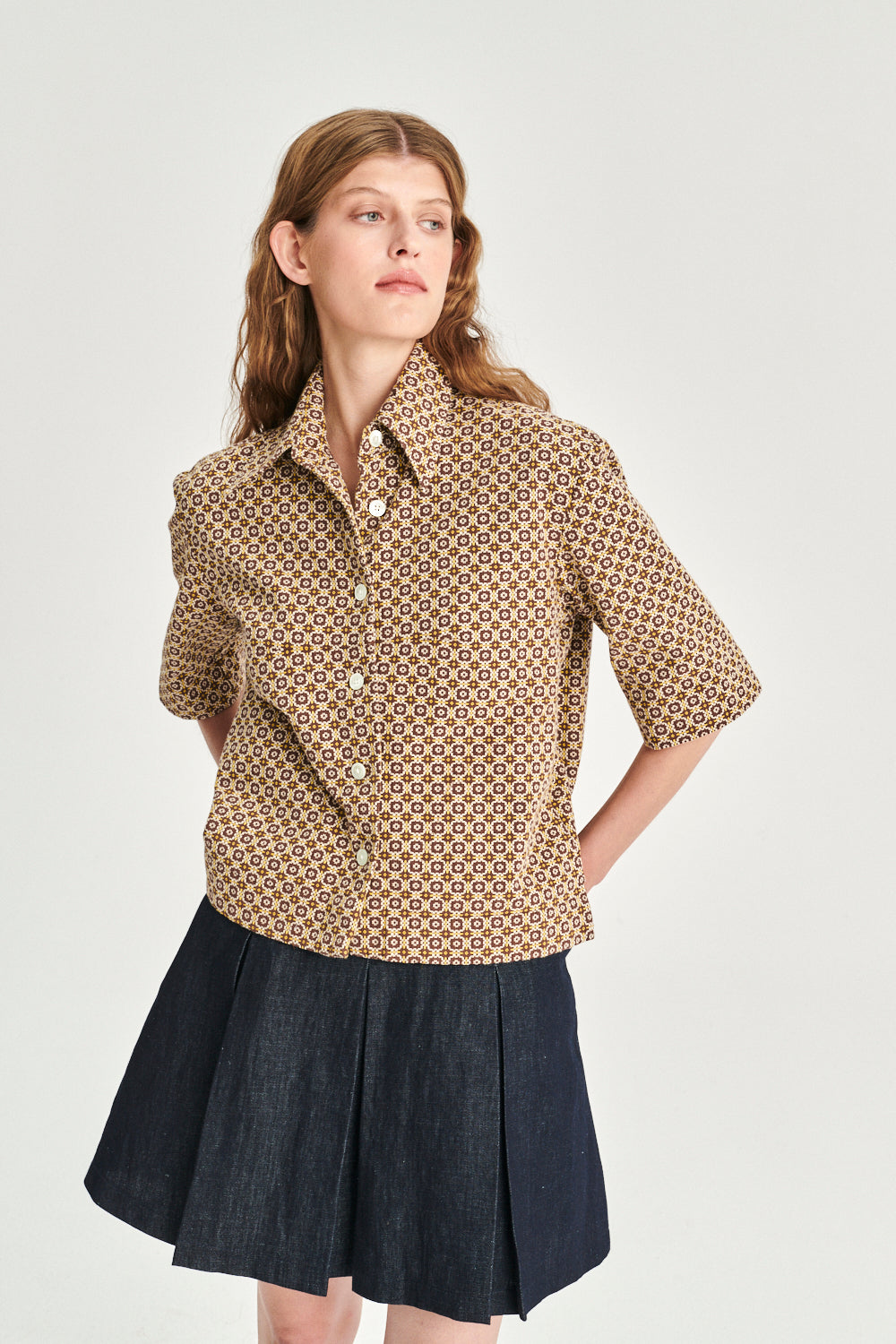 Relaxed Shirt Jacket in a Brown and Yellow Jacquard Woven Portuguese Cotton