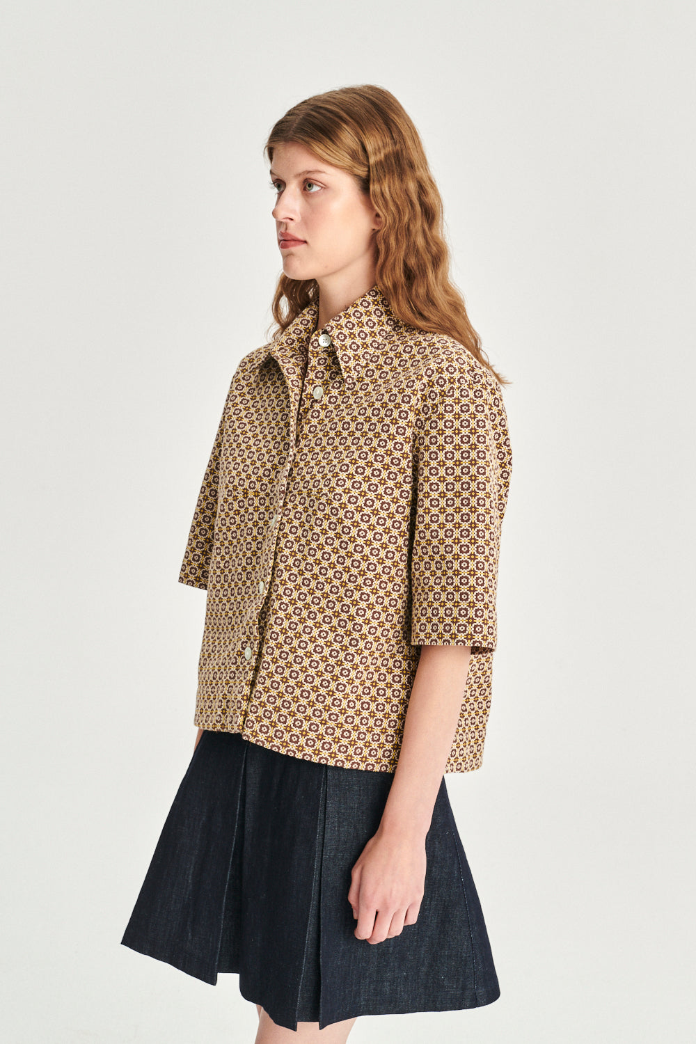 Relaxed Shirt Jacket in a Brown and Yellow Jacquard Woven Portuguese Cotton