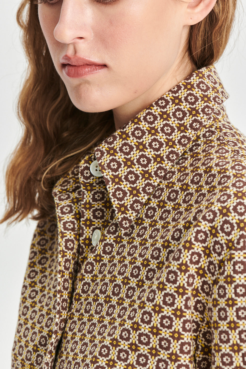 Relaxed Shirt Jacket in a Brown and Yellow Jacquard Woven Portuguese Cotton