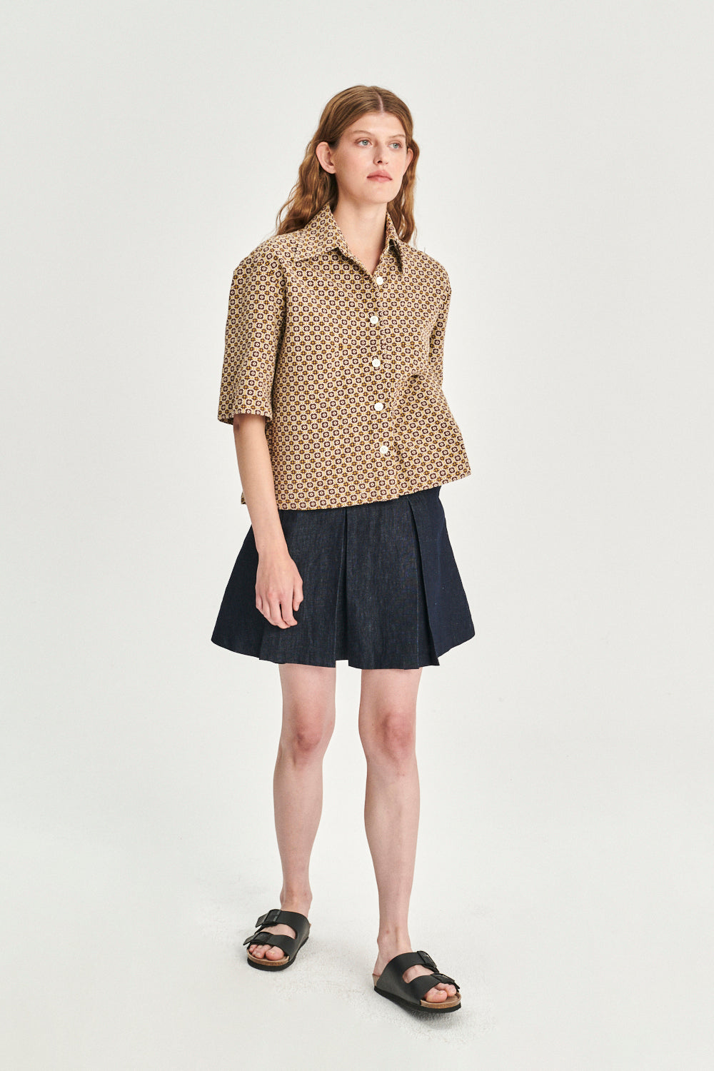 Relaxed Shirt Jacket in a Brown and Yellow Jacquard Woven Portuguese Cotton