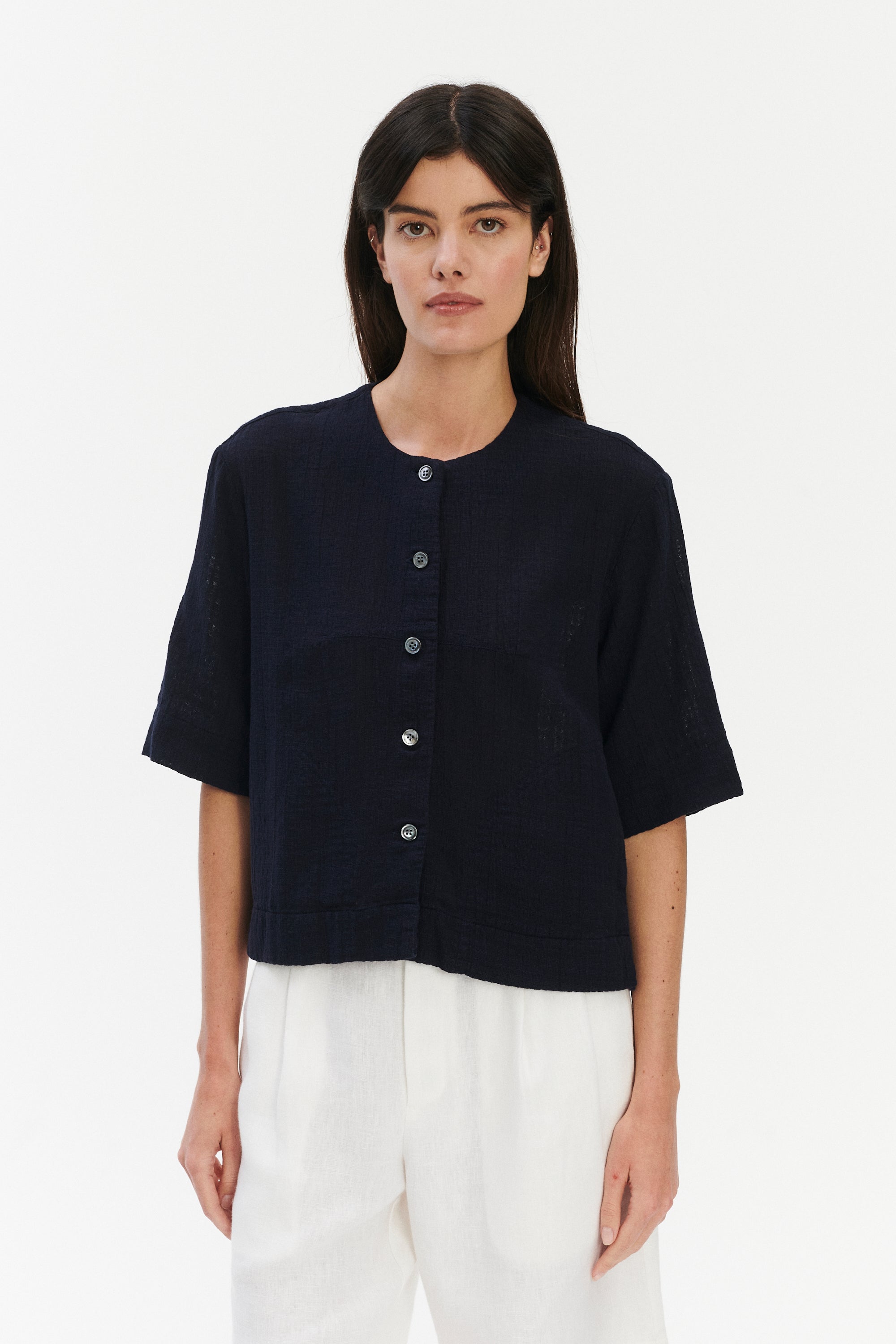 Relaxed Shirt Jacket in a Dark Navy Airy Structural Portuguese Cotton