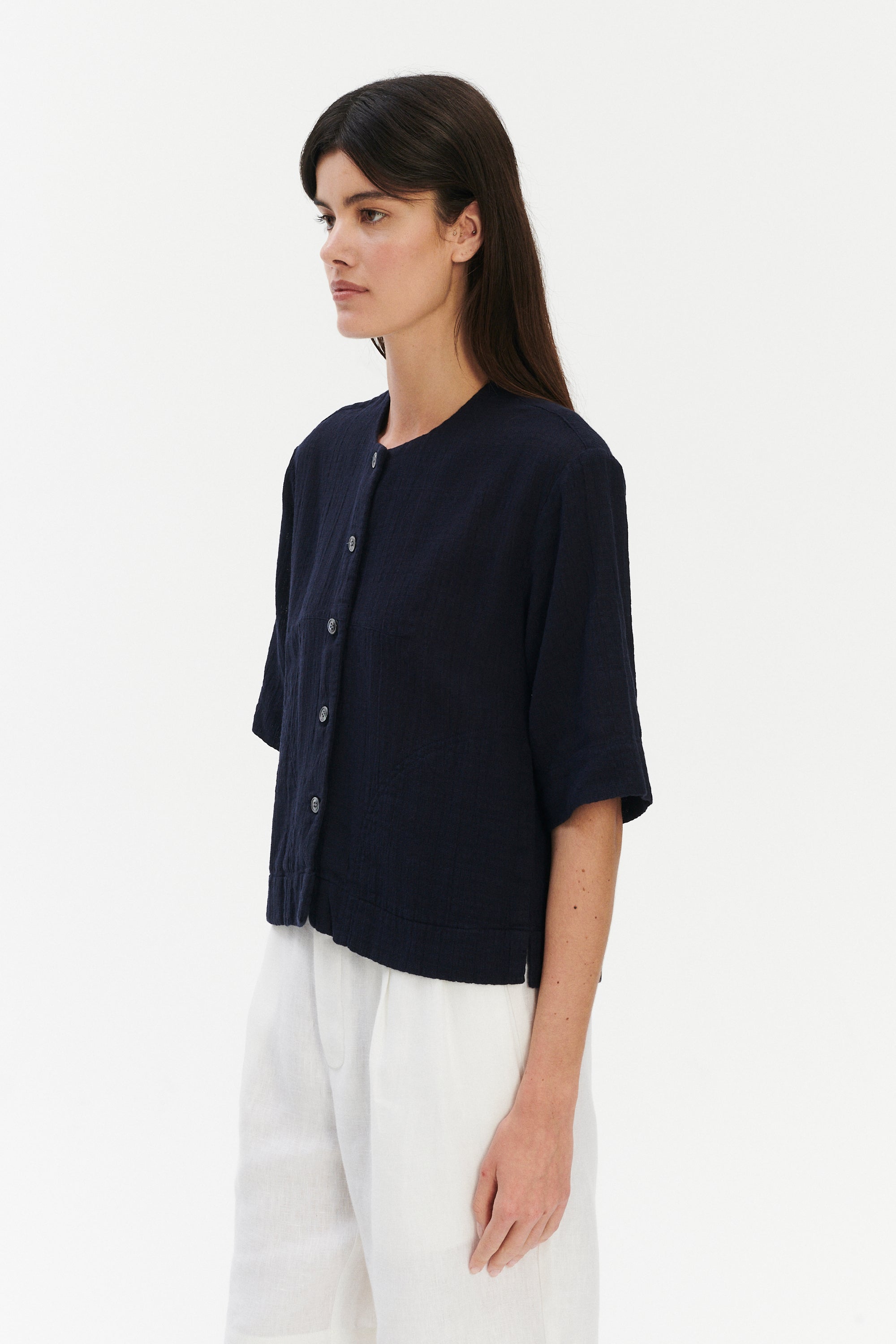 Relaxed Shirt Jacket in a Dark Navy Airy Structural Portuguese Cotton