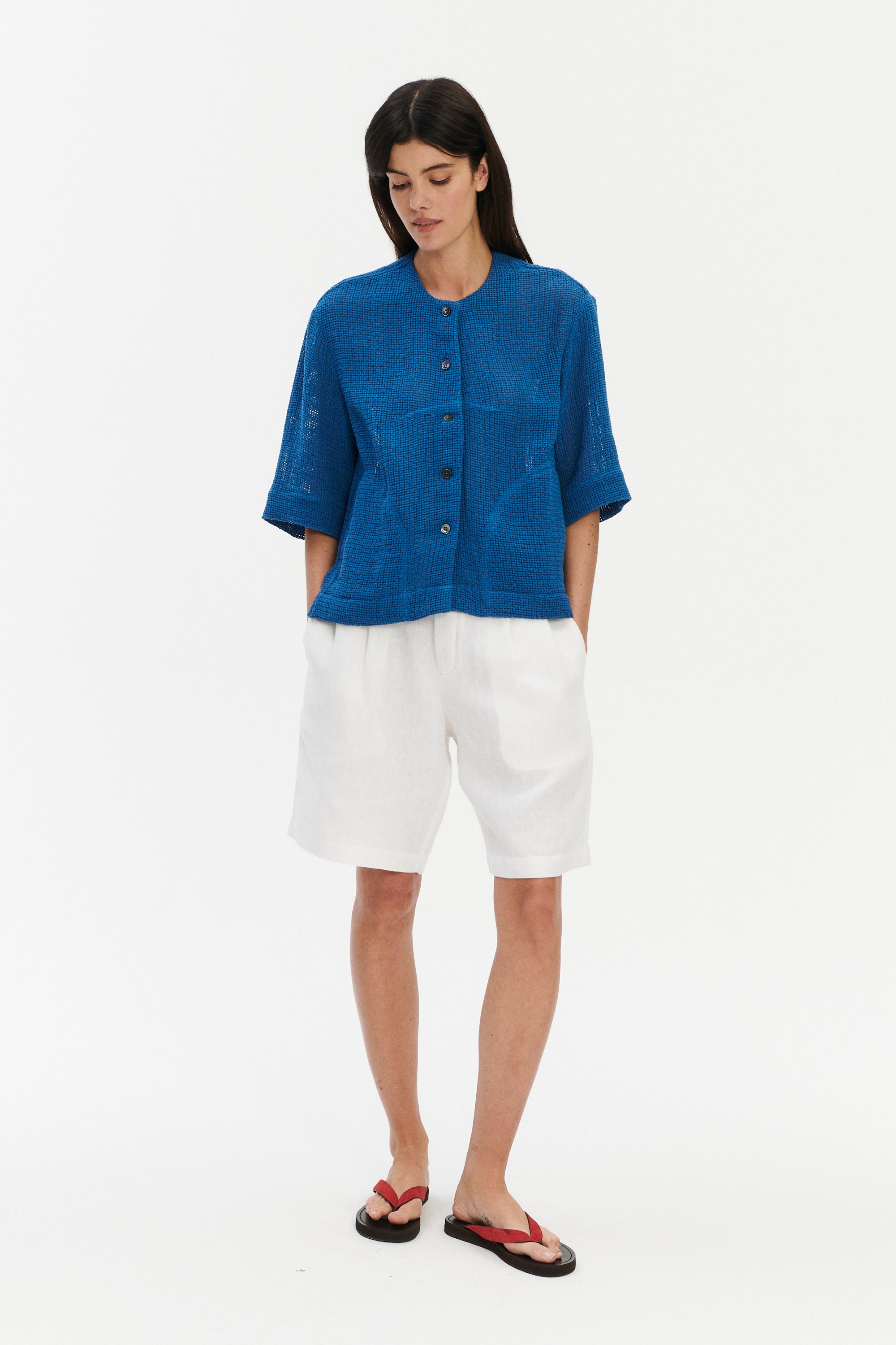 Relaxed Shirt Jacket in a Blue Crochet like fabric