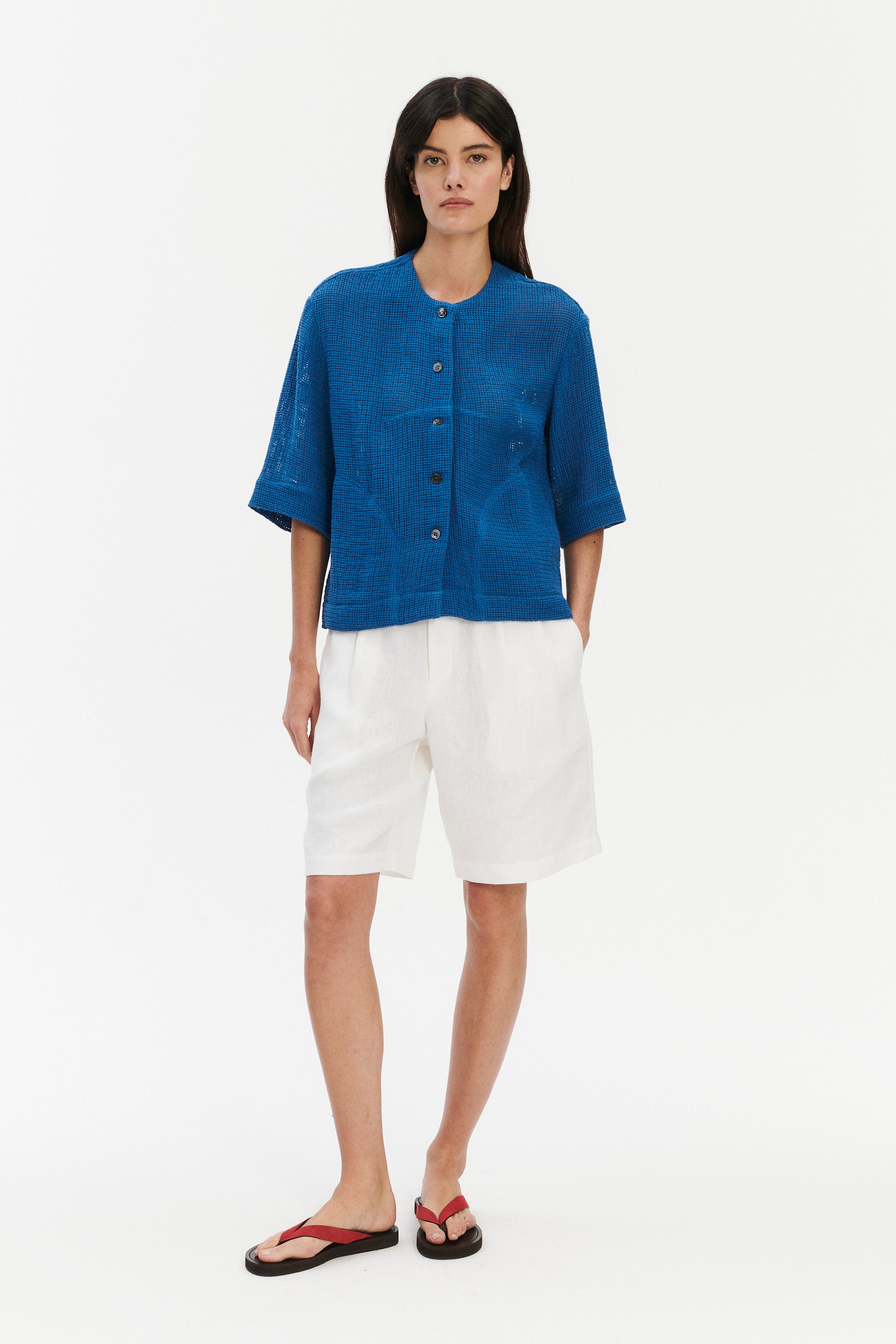 Relaxed Shirt Jacket in a Blue Crochet like fabric