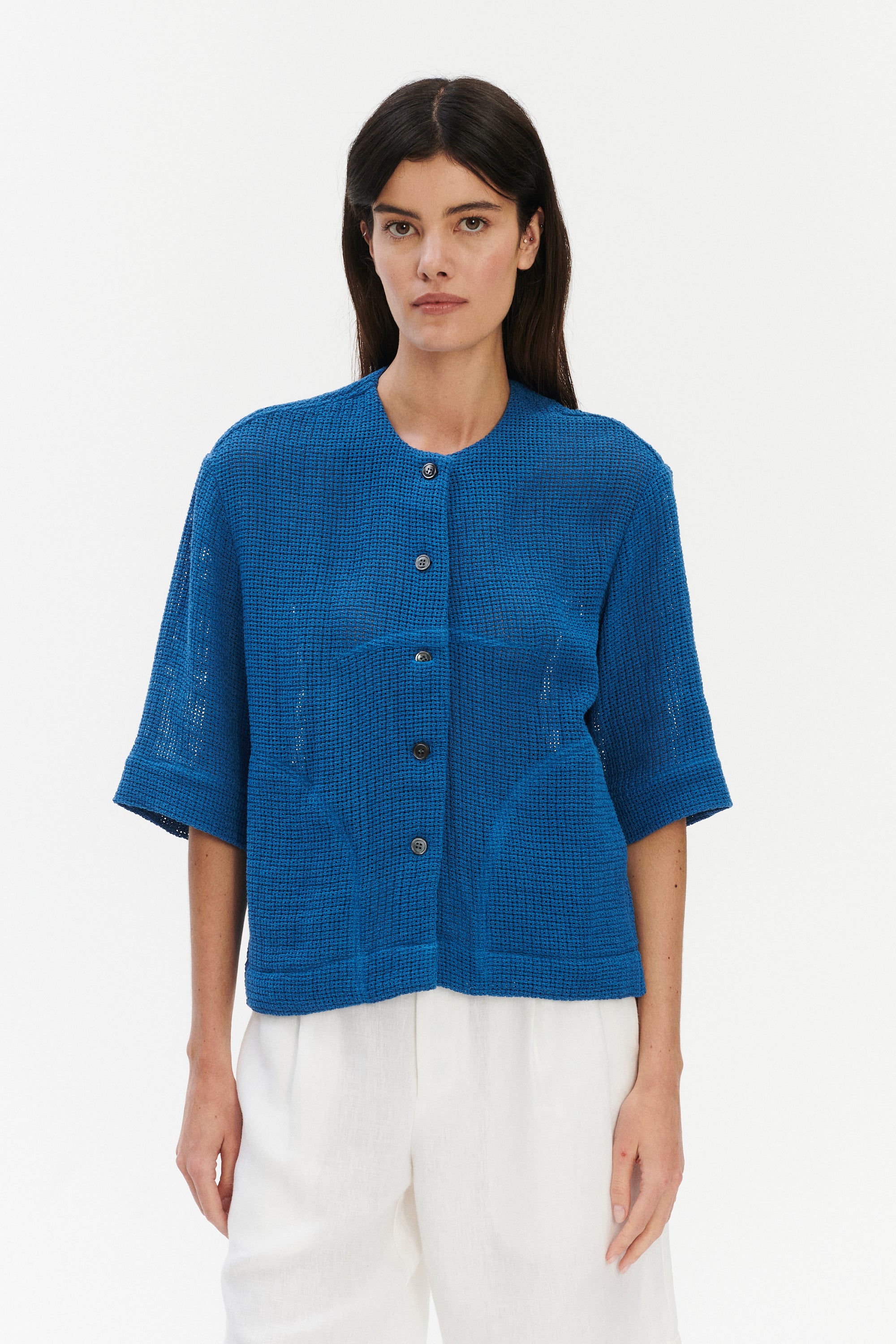 Relaxed Shirt Jacket in a Blue Crochet like fabric