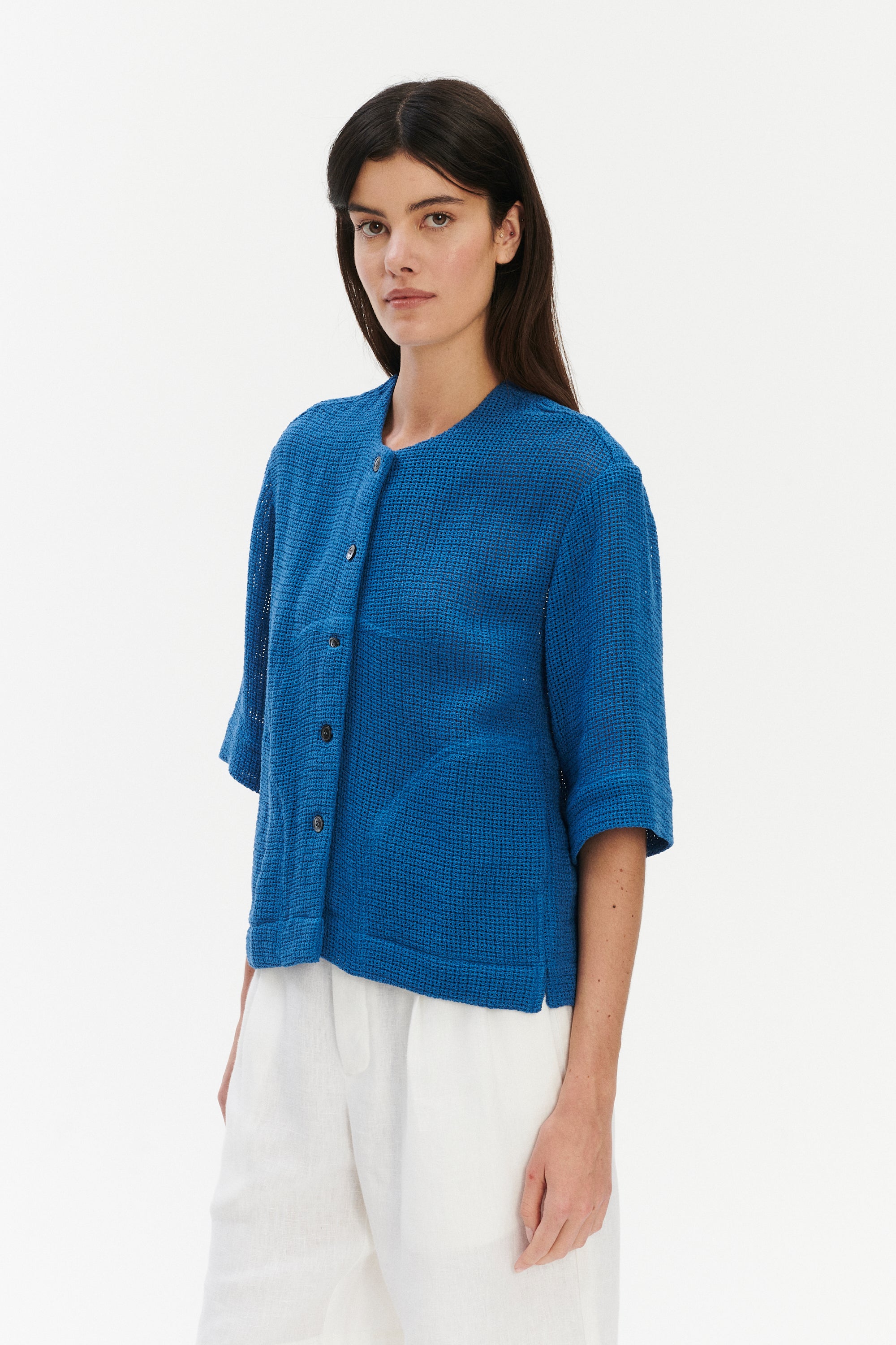 Relaxed Shirt Jacket in a Blue Crochet like fabric