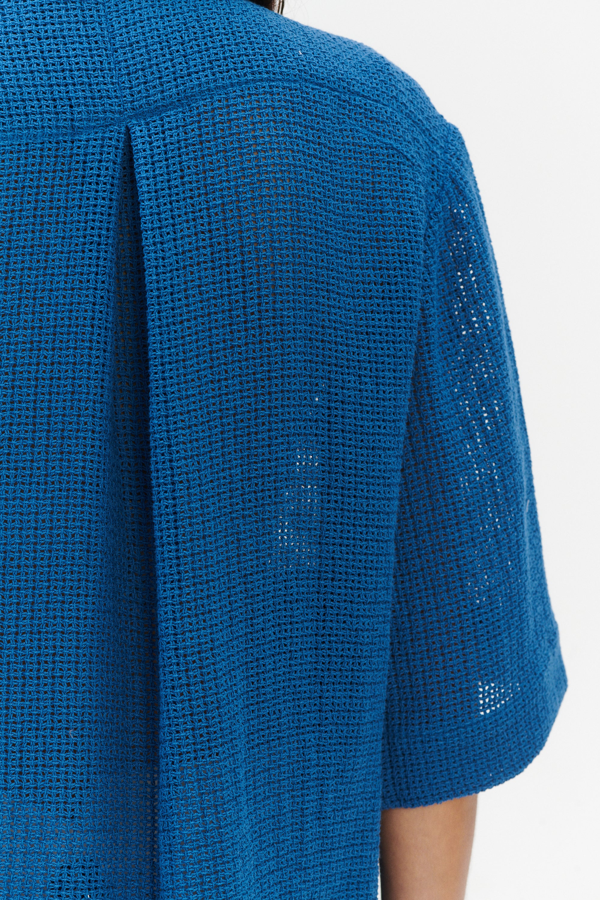 Relaxed Shirt Jacket in a Blue Crochet like fabric