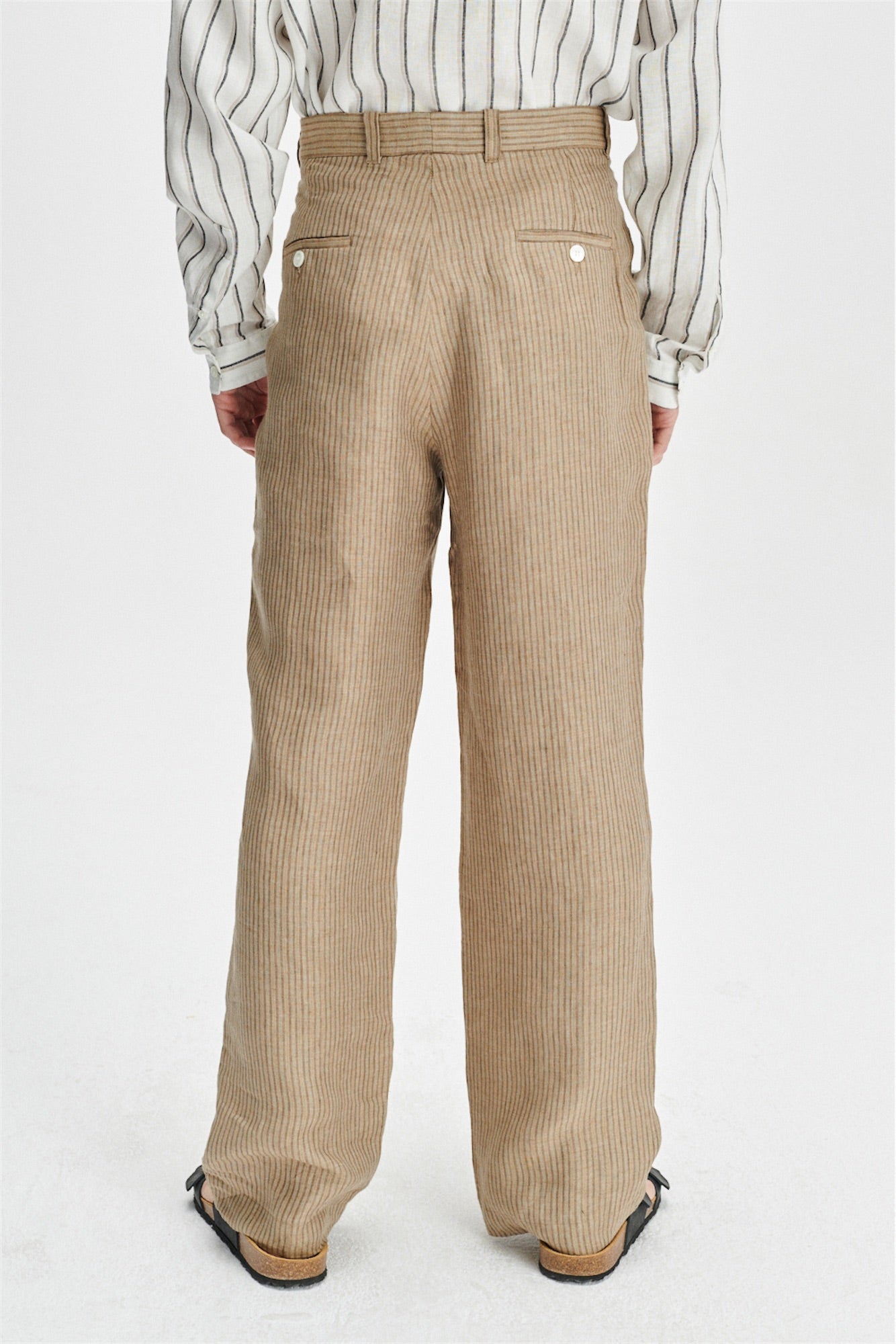 Relaxed Wide Leg Trousers in a Beige Subtle Striped Fine Italian Linen