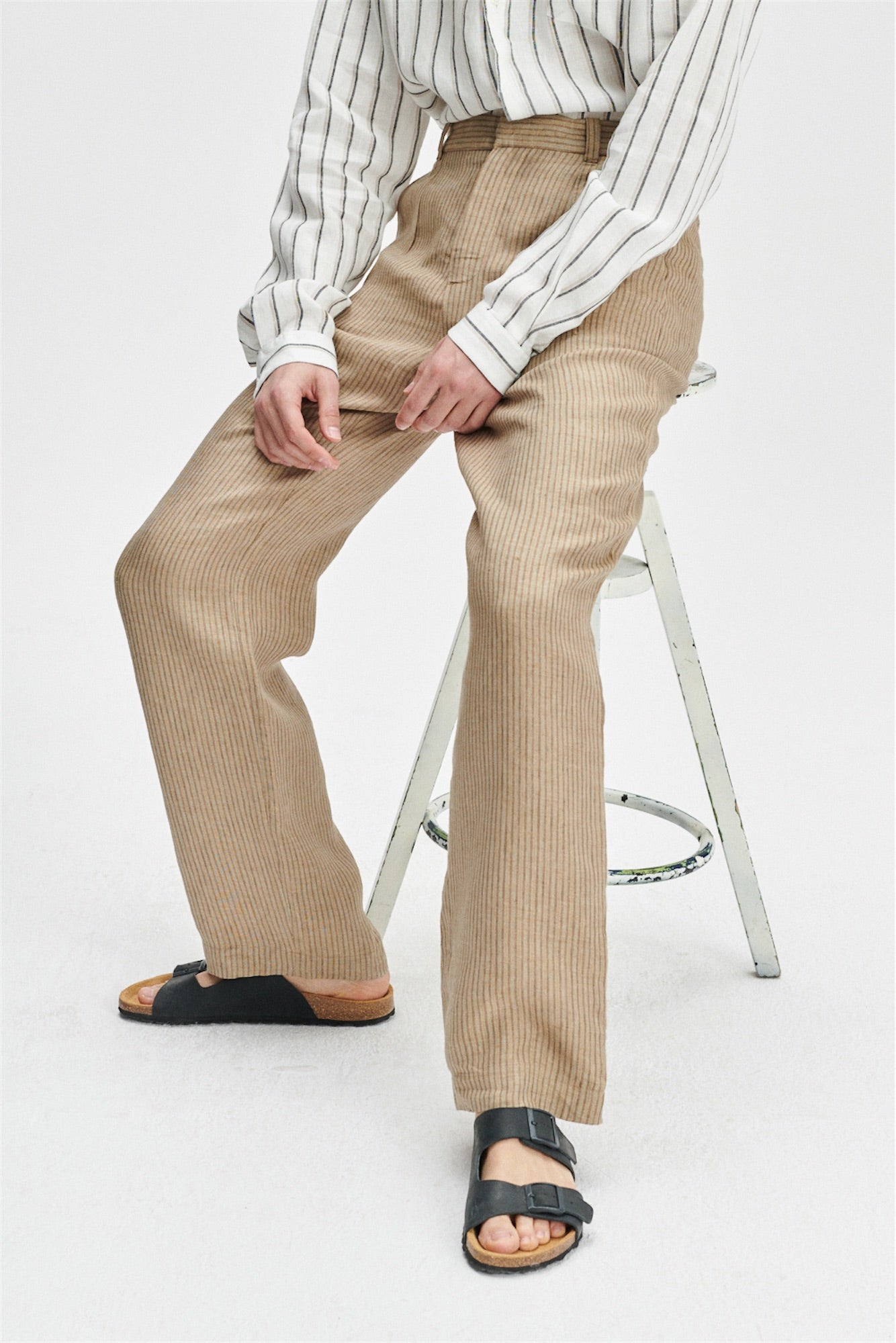 Relaxed Wide Leg Trousers in a Beige Subtle Striped Fine Italian Linen