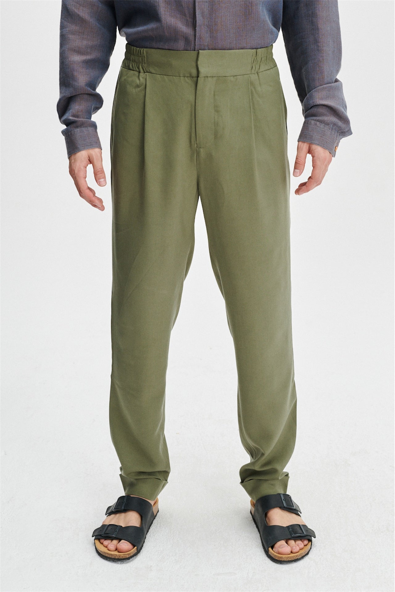 Garden Trousers in an Olive Green Sustainable Smooth and Soft Italian Lyocell Gabardine
