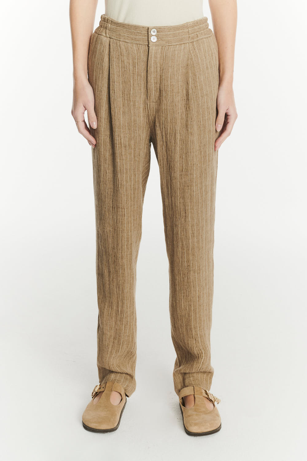 Elasticated Band Trousers in a Camel Fluid Italian Linen and Viscose