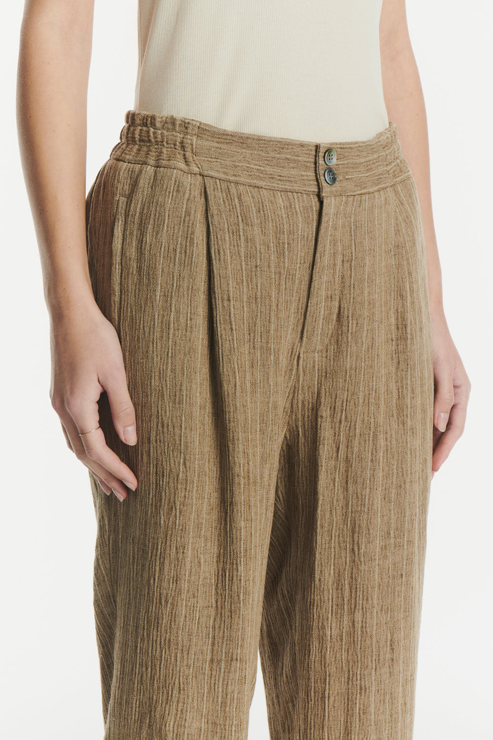 Elasticated Band Trousers in a Camel Fluid Italian Linen and Viscose