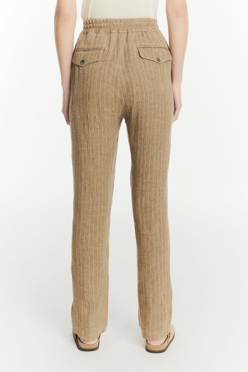 Elasticated Band Trousers in a Camel Fluid Italian Linen and Viscose