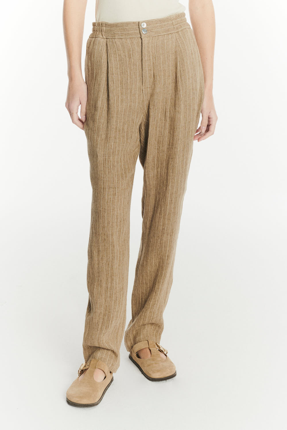 Elasticated Band Trousers in a Camel Fluid Italian Linen and Viscose
