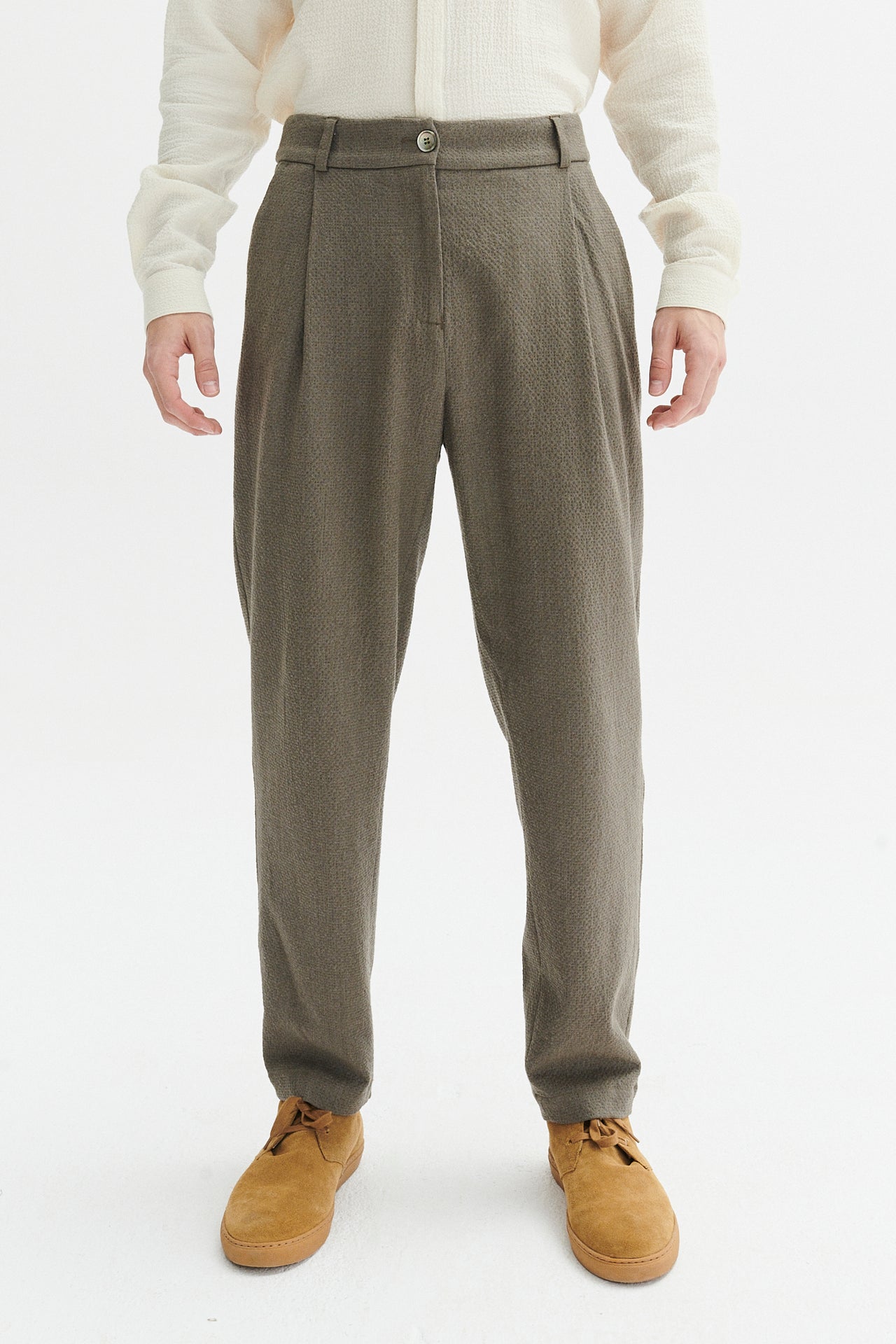 Genuine Trousers in a Taupe Italian Virgin Wool and Cotton Seersucker