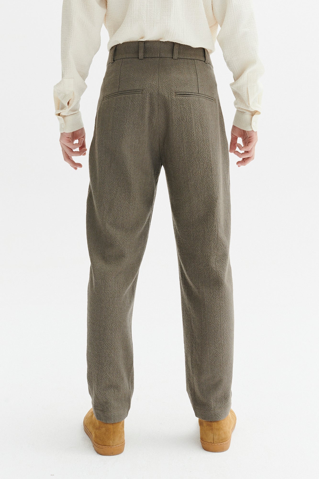 Genuine Trousers in a Taupe Italian Virgin Wool and Cotton Seersucker