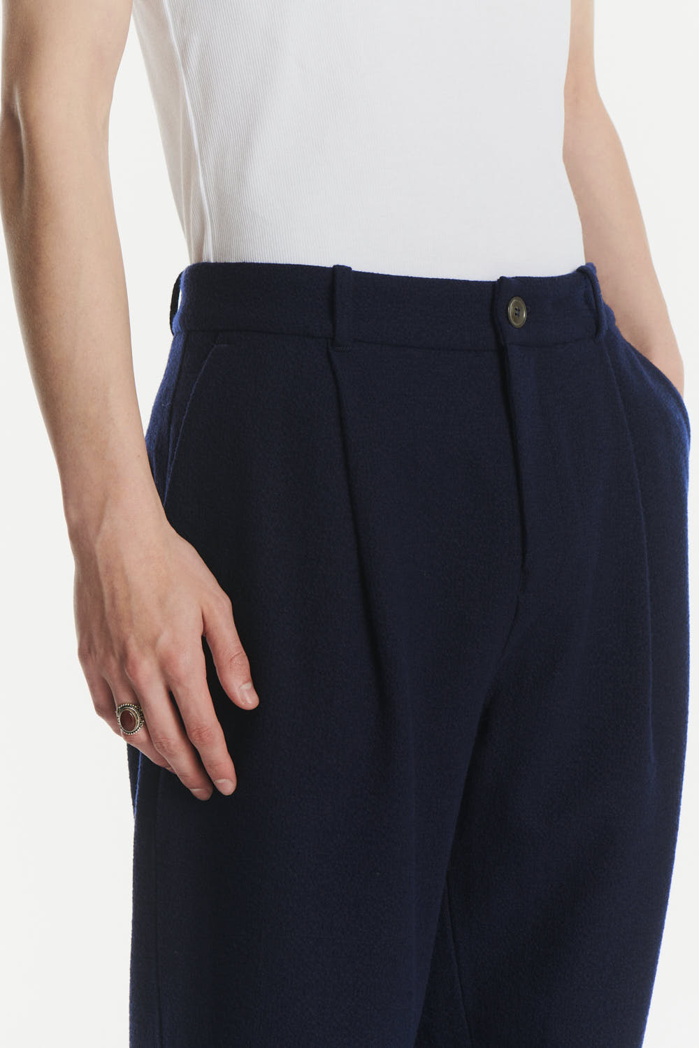 Genuine Trousers in a Navy Blue Italian Virgin Wool and Cotton Seersucker