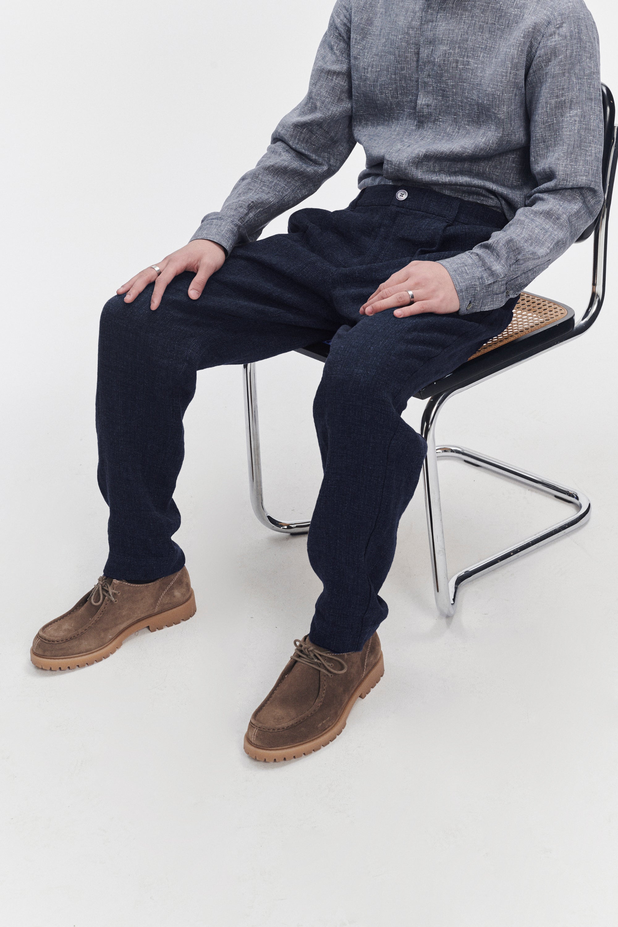 Genuine Trousers in a Navy Fluid and Structured Italian Linen Crepe