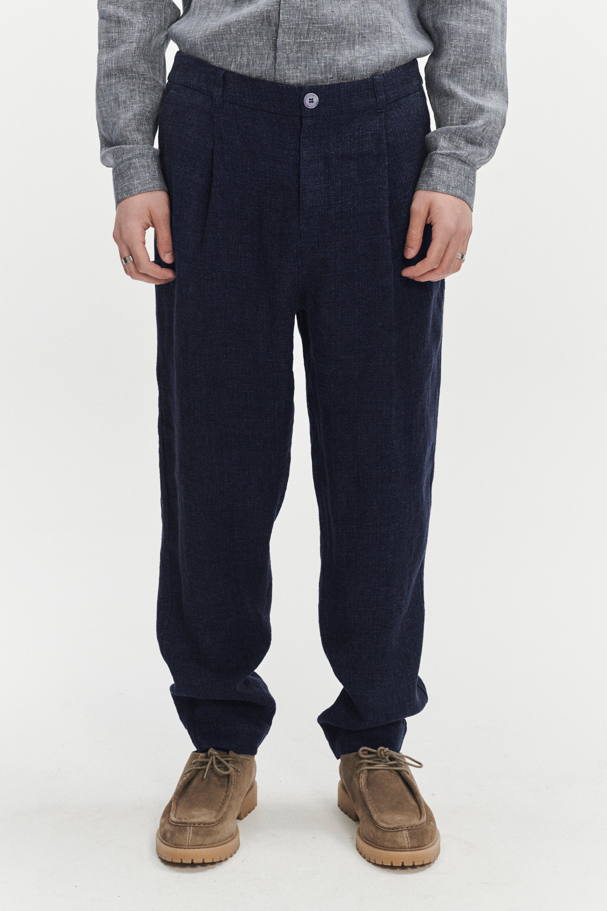 Genuine Trousers in a Navy Fluid and Structured Italian Linen Crepe