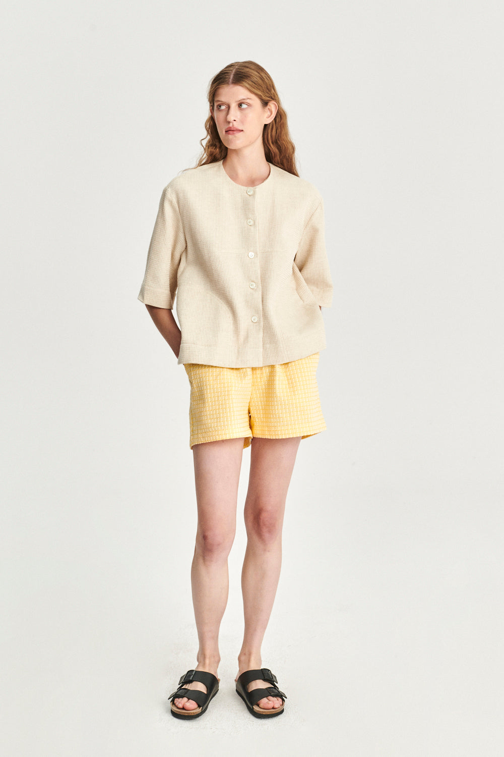 Collarless Relaxed Jacket Shirt in a Light Beige Structural Waffled Japanese Cotton and Linen
